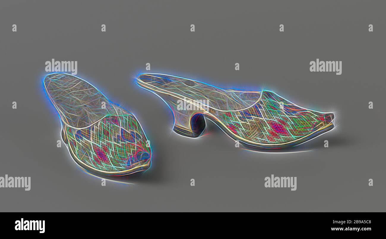 Maultiere aus Leder mit einem Muster aus Leinwand mit Wolle bedeckt ist mit einem Zickzack-Muster (Point d'hongrie) bestickt und mit einem silbernen Kotflügel an der Spitze, Muiltje (Reise) aus Leder mit einem Vorderstück aus Leinwand. Vorderteil bestickt mit geometrischen Figuren, 'Point de hongrie' in Wolle. Die Sohle läuft nach vorne und dreht sich allmählich nach hinten in eine Ferse, die diagonal nach vorne verläuft. An der Spitze ein silberner Kotflügel, 'Becken'., anonym, Niederlande, c. 1660 - c. 1670, Zool, Blad, Bordwerk, Stootstuk, Stiksel, Gravur, L 24.5 cm B 9 cm H 6.5 cm, neu gestaltet von Gibon, Design Stockfoto