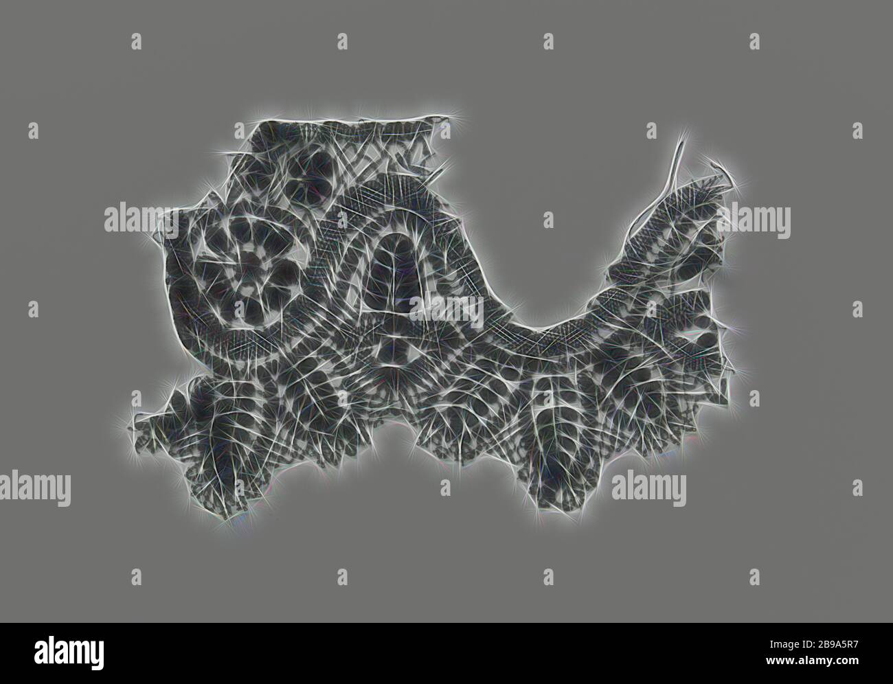 Streifen des Schiebers Spitze mit tiefen Wave Line, Streifen des Schiebers aus Spitzen, Cluny Lace. Der Streifen geschnitten ist, ein Bericht ist einfach nicht mehr ganz komplett, der obere Teil der folgende Bericht ist Weg entlang der Welle. Die ursprüngliche, repetitive und symmetrische Muster besteht aus einem tiefen Wave Line. In jedem Golf Valley gibt es eine Rosette mit zwei kleineren Rosetten oben und einem 4-Stern. Jedes golf Top besteht aus einem Composite, ständigen Blatt mit fünf Blätter auf beiden Seiten. Unter der Seite ist eine gestaltete 4-spitz Sternchen. Die shell Kante entlang der Unterseite des Streifens wird gebildet, b Stockfoto