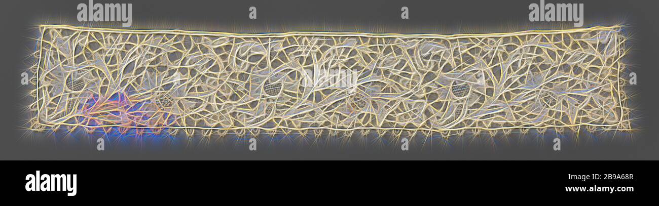 Manschette aus Nadelspitze mit Zunge-in-cheeked Blume, Manschette aus naturfarbenen Nadelspitze: Venezianische geprägte Spitze. Gegen eine offene Bar des Bodens gibt es ein Wandermuster von Ranken mit Granatäpfeln und einer Zunge in Blüte. Entlang drei Seiten ein Rahmen mit doppelten Bögen., anonym, Belgien, c. 1890 - c. 1899, Leinen (Material), venezianisches Hochwerk, L 40 cm × B 7 cm, neu gestaltet von Gibon, Design von warmen fröhlichen Leuchten von Helligkeit und Lichtstrahlen Ausstrahlung. Klassische Kunst neu erfunden mit einem modernen Twist. Fotografie inspiriert von Futurismus, umarmt dynamische Energie der modernen Technologie, Bewegung, Geschwindigkeit Stockfoto
