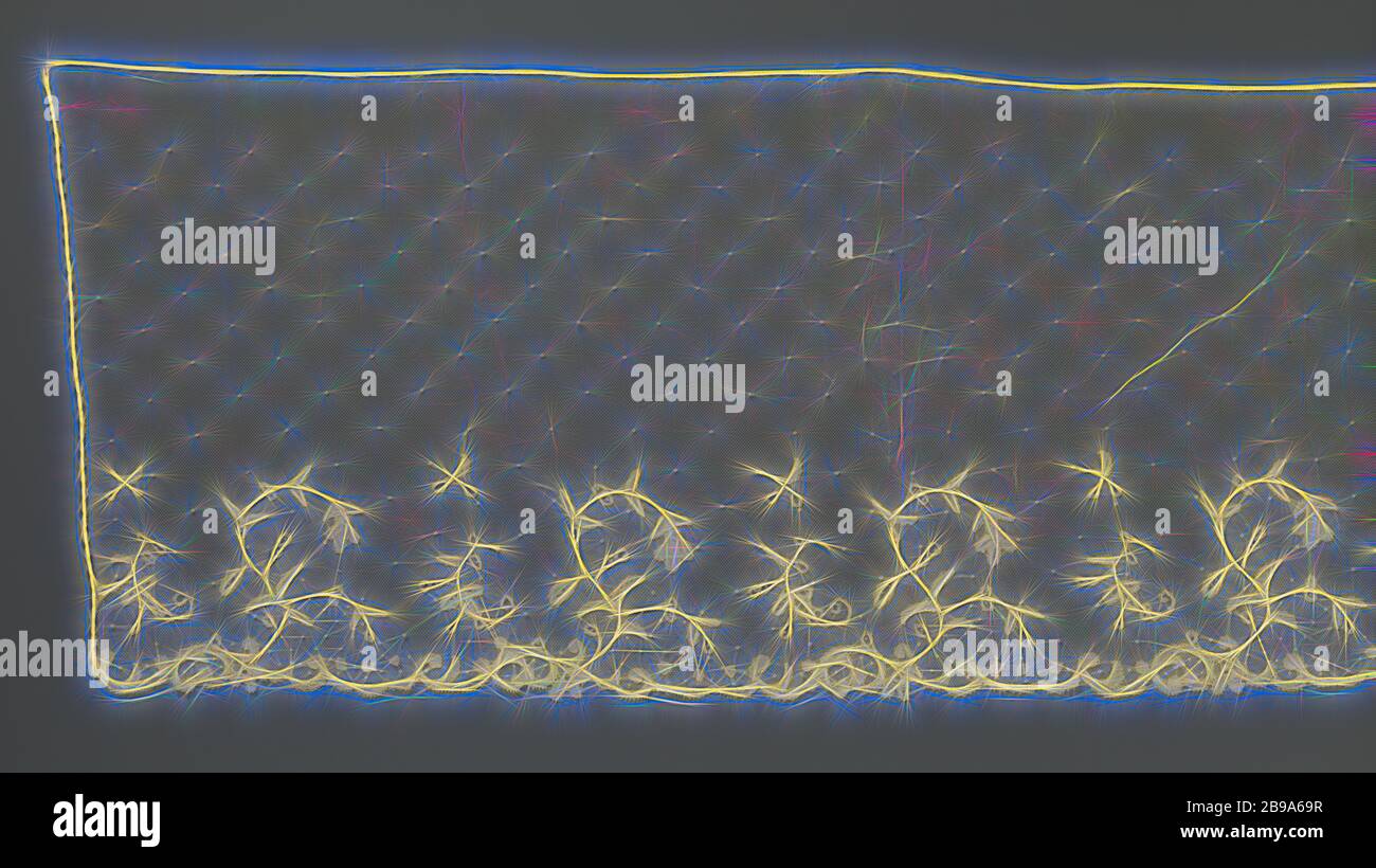 Voile der Anwendung Seite mit großen S-förmige Äste, Voile von natürlichen Farben Anwendung Seite, Klöppelspitze appliziert auf Maschine Tüll. Eine rechteckige Modell mit einer Stiftung, die in den meisten Fällen ist nur mit Breie abgedeckt. Die jakobsmuscheln entlang der unteren Kante sind abwechselnd zwischen der flachen Kurven und konvexe c-voluten, große S-förmigen Blume Branchen ergeben sich aus den letzteren, der Überhang auf der rechten Seite. Zwischen der S-förmigen Verzweigungen sehen Sie zwei kleinere Blume Filialen platziert eine über der anderen., anonym, Niederlande (möglicherweise), C. 1900 - C. 1924, Leinen (Material), l 100 cm x W 40 cm ×, 20. Stockfoto