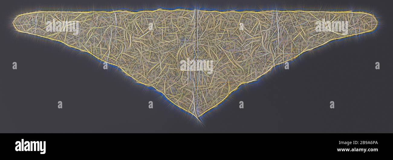 Schal aus gemischter Spitze mit Spiralen, dreieckiger Schal in naturfarbener Klöppelspitze, Brüsseler Duchesse. Ein geschlossenes Muster ist durch eine Flechterdung verbunden. Im breiten hinteren Teil ist eine große Spirale nach links, mit verdrehten Blättern und drei großen Kompositblüten. Links und rechts sind symmetrische, spaltende Splinte. Lnags der gerade Gipfel verläuft eine schmale Kante von spirlaen. Entlang der Spitze sind Weinblätter und Trauben von Beeren der Gelderland Rose., anonym, Belgien (möglicherweise), c. 1880 - c. 1890, Leinen (Material), Klöppelspitze, H 240 cm × B 70 cm, neu gestaltet von Gibon, Design von warm heiter Stockfoto