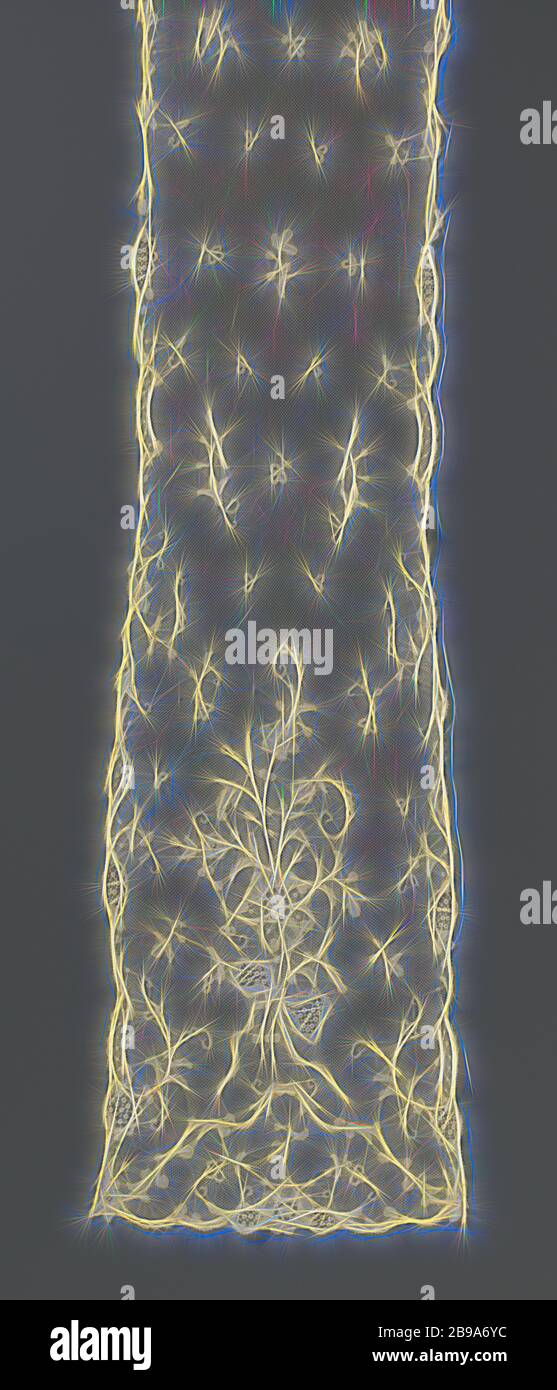 Hutprofil von der Applikationsseite mit geripptem Büschel, Barbe von der Applikationsseite, Klöppelspitze und einigen Details in Nadelspitze-Applikation auf Tüll. Gut ausbreitend von kleinen und größeren Blattzweigen steht in Reihen auf einem rechteckigen Sockel, dessen Enden etwas breiter sind. In den geraden Enden, über einem "Hügel" von C-Voluten, ist ein Büschel von Blumenzweigen, zusammengebunden durch einen offen gearbeiteten Bogen. In der schwach gezackten Kante gibt es ein paar Medaillons mit Gitterfüllung (Nadelspitze)., anonym, Den Haag (möglicherweise), c. 1906 - c. 1918, Leinen (Material), L 220 cm × B 25 cm, neu gestaltet von Gibon, d Stockfoto