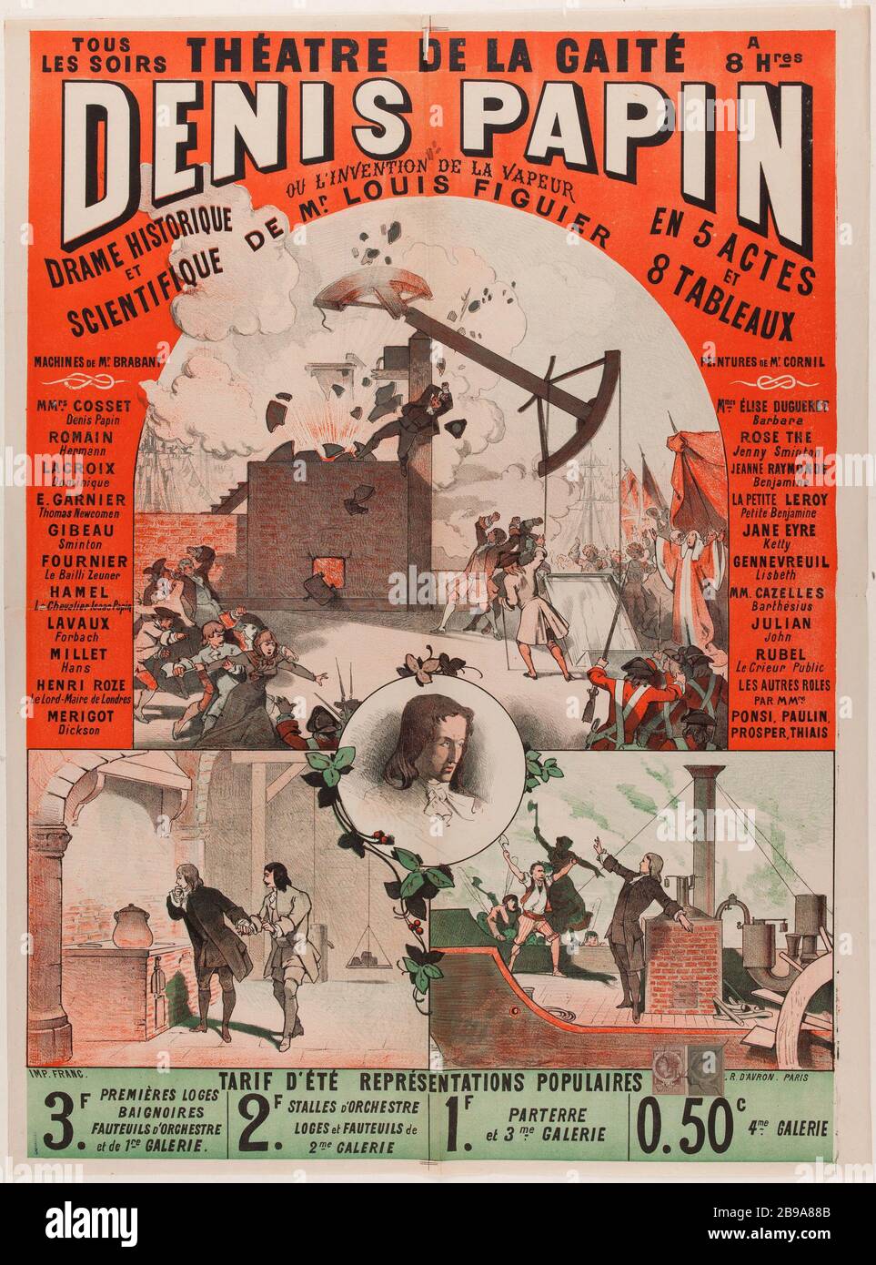 THEATER VON GAITE, JEDEN ABEND EIN 8hres, Denis Papin, ODER DIE ERFINDUNG DES DAMPFDRAMAS HISTORISCHES UND WISSENSCHAFTLICHES Mr. LOUIS FIG BAUM IN 5 AKTEN UND TABELLEN 8 Affiche pour le Spektakel 'Denis Papin ou l'invention de la vapeur'. Lithographie couleur. 1882. Paris, musée Carnavalet. Stockfoto