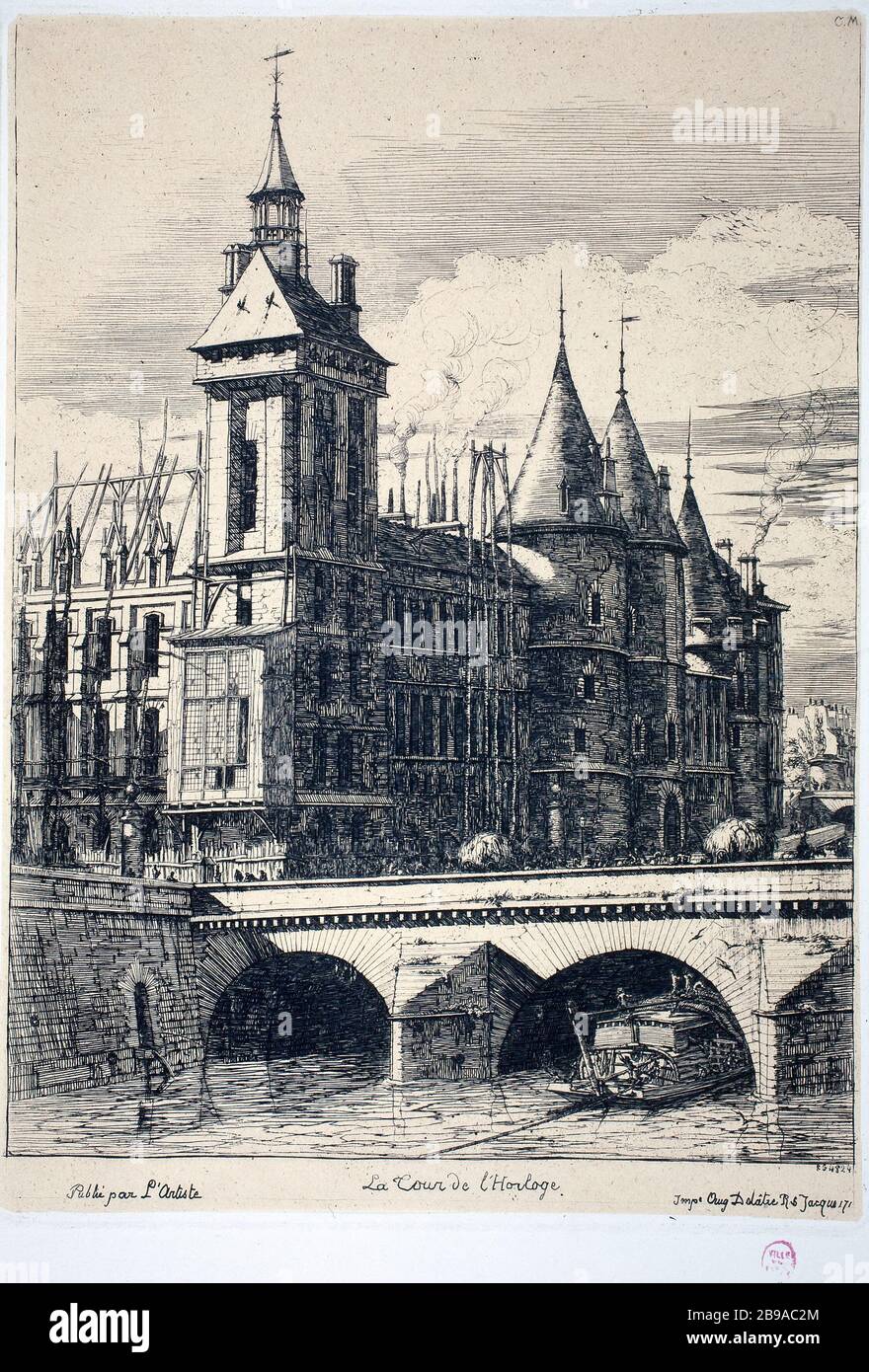 DER UHRTURM: BRÜCKE ZUM WECHSEL VON CHARLES MERYON (1821-1868). "La Tour de l'Horloge: Pont au change". Eau-forte. Paris, musée Carnavalet. Stockfoto