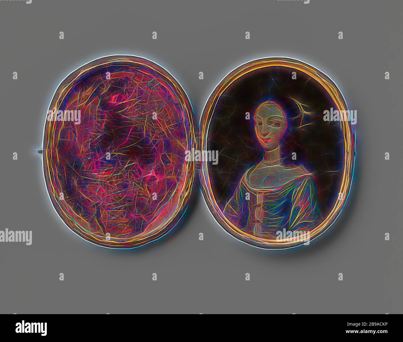 Oval, in dem der Frau Porträt und 13 Folien mit verschiedenen Kostümen gemalt, ovale Box aus schwarzem Leder mit Tempera gemalt. In Es ist ein Frau Porträt in Öl auf Kupfer und 13 Glimmer Transparentfolien mit verschiedenen Kostümen gemalt. Die dressings z.b. Haube mit einem berthe Kragen, als Königin mit einer Birne Krone und Hermelin schulter Mantel, als Stadt Dame mit Pelz - eingefaßte Kite, Kopftuch und schwarzen Barett, wie ein Mann mit einer Feder Hut, Schärpe, Schnurrbart und Spitzbart usw. Das Porträt kann ein weibliches Mitglied der Oranje Nassau Haus: Louise Henriette oder Henriette Catharina, Töchter des F Stockfoto