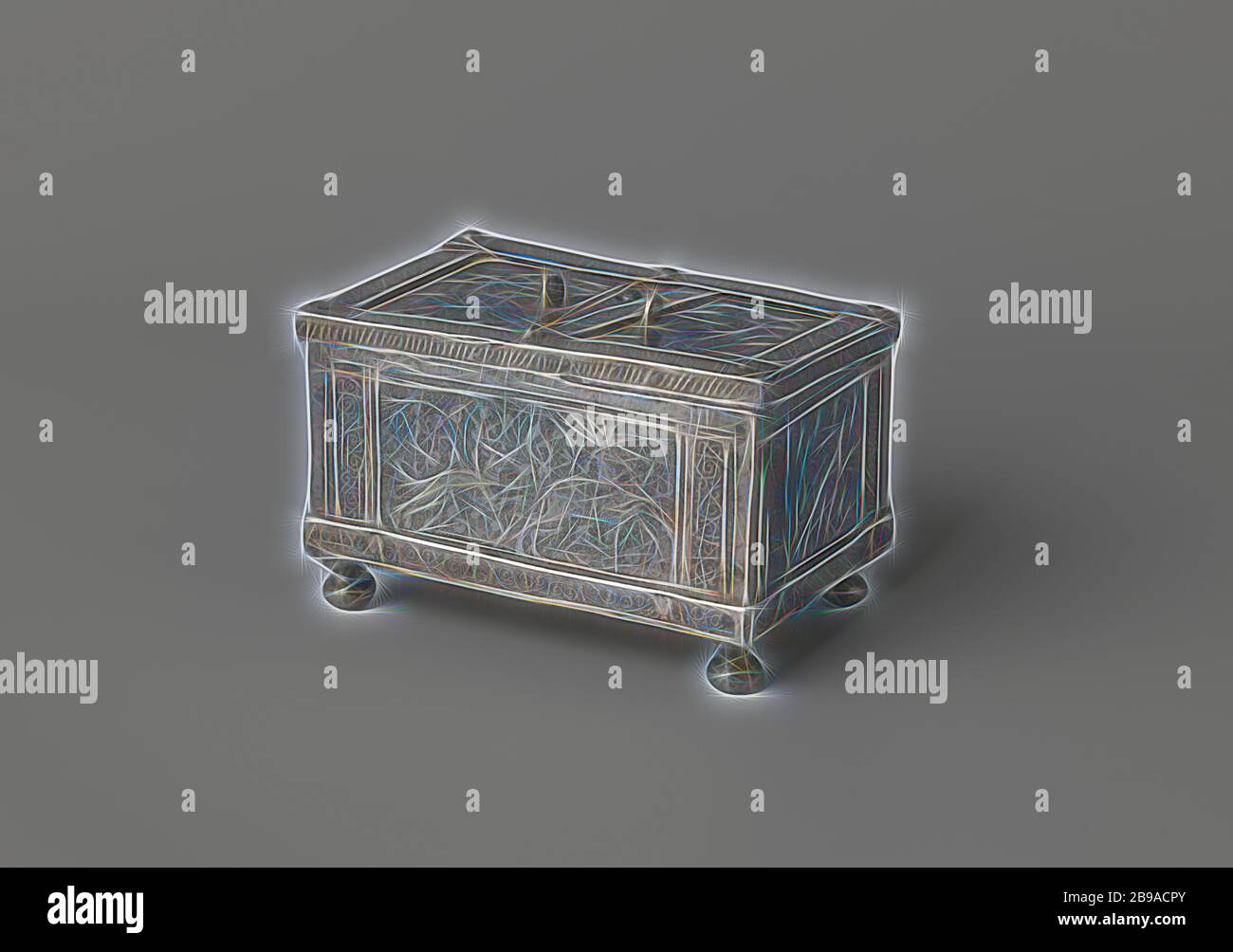 Schmuck Box aus Schmiedeeisen, mit schlanken Tieren verziert, ein geschmiedetes Eisen, sphärischen auf vier Beinen. Alle Seiten sind poliert und geätzt, geschmückt Tiere inmitten schlanken Arbeit in Frames mit arabasques. Auf der Vorderseite ein Hund auf der Jagd nach einem Hirsch, auf der Rückseite ein Hund einen Fuchs zu jagen. Auf den beiden kurzen ein Hund und ein Hase. Auf dem Deckel zwei Vögel in der Mitte von Rang. Die Kanten und der Boden sind mit Arabesken eingerichtet. Zwei Ringe auf der Oberseite zu befestigen. Zwischen einer losen Band, die sich so verschoben werden, unter denen das Schlüsselloch entfernt., anonym, Zuid-Duitsland, 1550-1600, Eisen (Eisen al werden Stockfoto