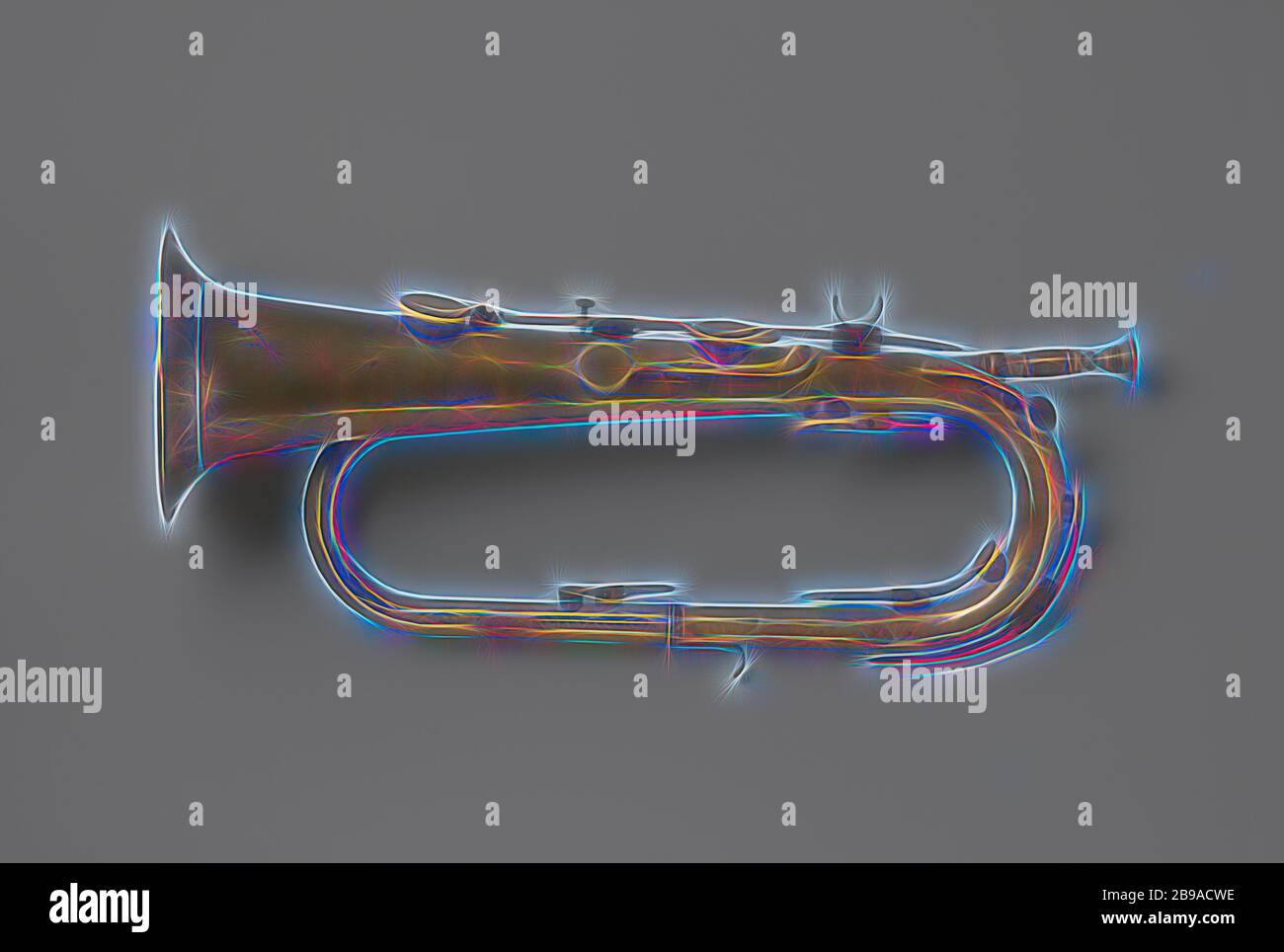 Mit Schlüssel gekuppelte Bugle, Klappenhalterung in BB mit acht Ventilen, deren untere geöffnet ist. Die flachen, runden Ventile sind in Sattelmuffen montiert und schließen an den Hülsen um die Löcher. Klappe und Schlüssel in einem Stück. Mit Stützsattel für den Mittelfinger der rechten Hand. Der Schlüssel des dritten Ventils wird weiter unten angezeigt. Auch Stützhaken für den kleinen Finger der linken Hand. Um die Tasse wurde ein Kranz aus Neusilber gelegt, mit eingravierten Blattornamenten., anonym, c. 1850, deutsches Silber, Kupfer (Metall), H 49.0 cm × B 23.5 cm T 15.0 cm, neu gestaltet von Gibon, Design von warmen fröhlich glühenden Helligkeit und l Stockfoto