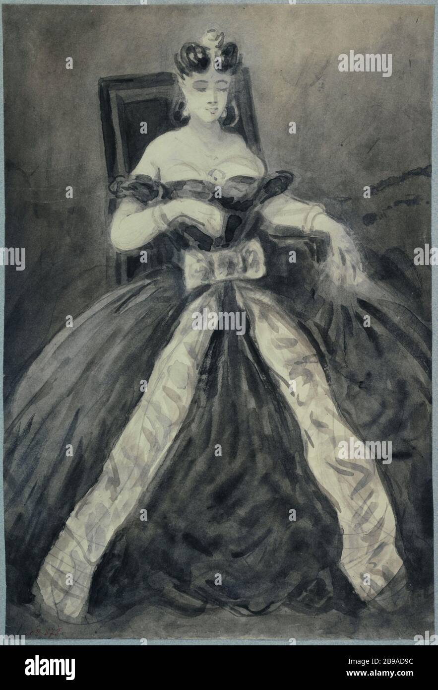 Studie einer Frau, die in einem Stuhl sitzt und ein tief geschnittenes Kleid mit einem großen Bogenknoten vor ihrer Taille trägt Confort Ernest Adolphe Hyacinthe Guys (1802-1892), dessinateur et peintre français. Etüde de femme assise dans un fauteuil portant une robe décolletée avec un gros noeud de papillon devant sa taille. Crayon, lavis encre de Chine. Paris, musée Carnavalet. Stockfoto