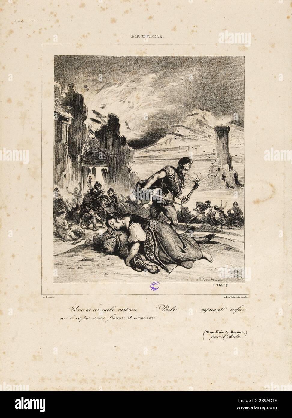 Der Künstler. Eine Nacht von Messina. Achille Devéria (1800-1857) et Delaunois. L'artiste. Une nuit de Messine. Lithographie, 1834. Paris, musée Carnavalet. Stockfoto