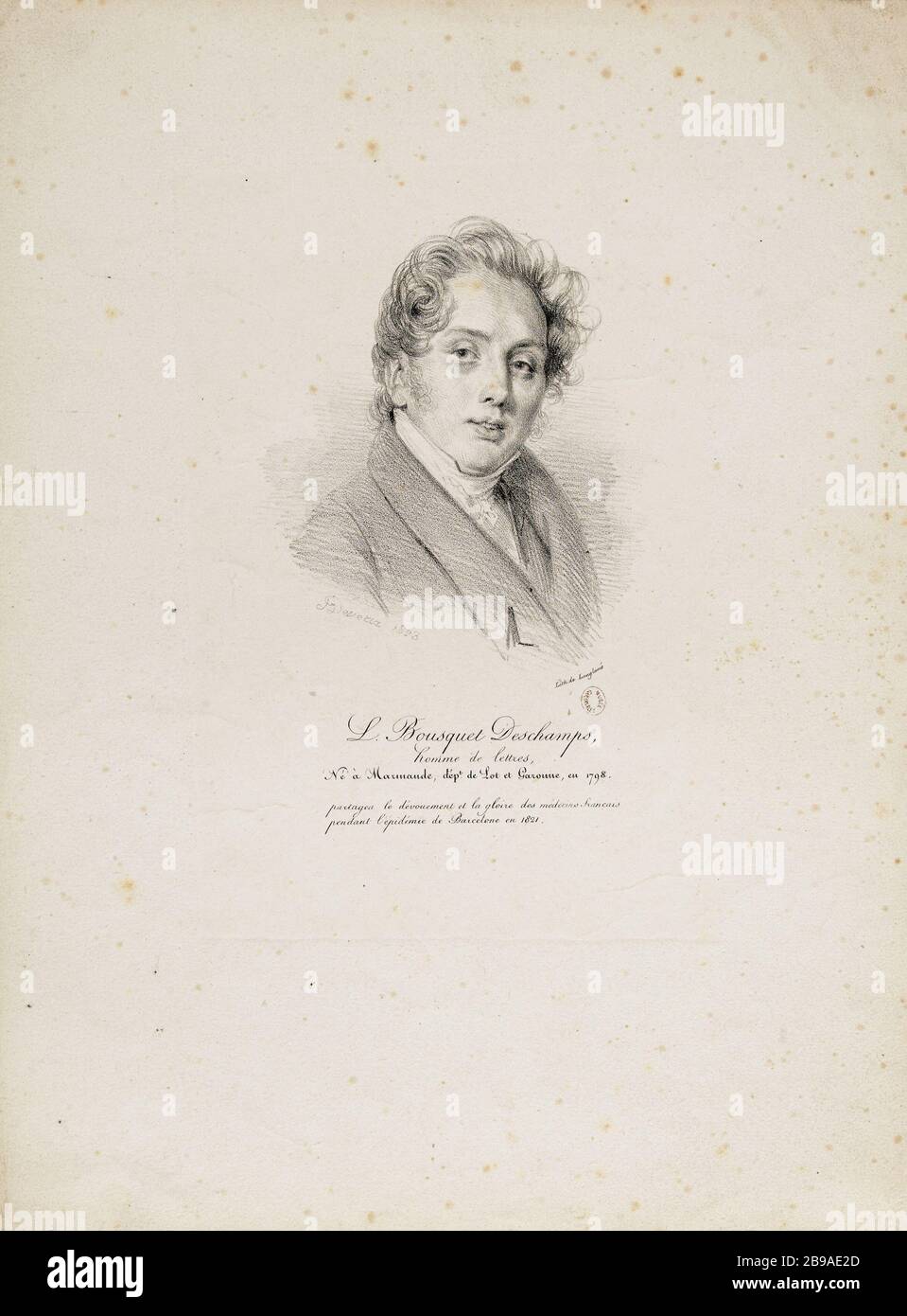 Porträt von Jacques-Lucien Bousquet-Deschamps (1798-1850), Mann der Briefe. Achille Devéria (1800-1857) et Pierre Langlumé. Portrait de Jacques-Lucien Bousquet-Deschamps (1798-1850), homme de lettres. Lithographie, 1823. Paris, musée Carnavalet. Stockfoto