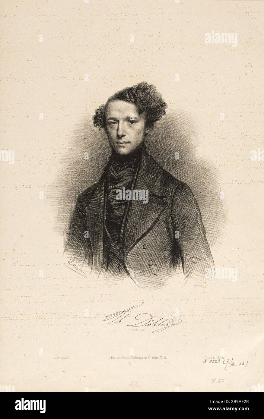 Porträt von Theodor Doler (1814-1856), Komponist und Pianist. Achille Devéria (1800-1857) et Charles-Etienne-Pierre Motte (85-186er). Portrait de Theodor Döler (1814-1856), compositeur et pianiste. Lithographie. Paris, musée Carnavalet. Stockfoto