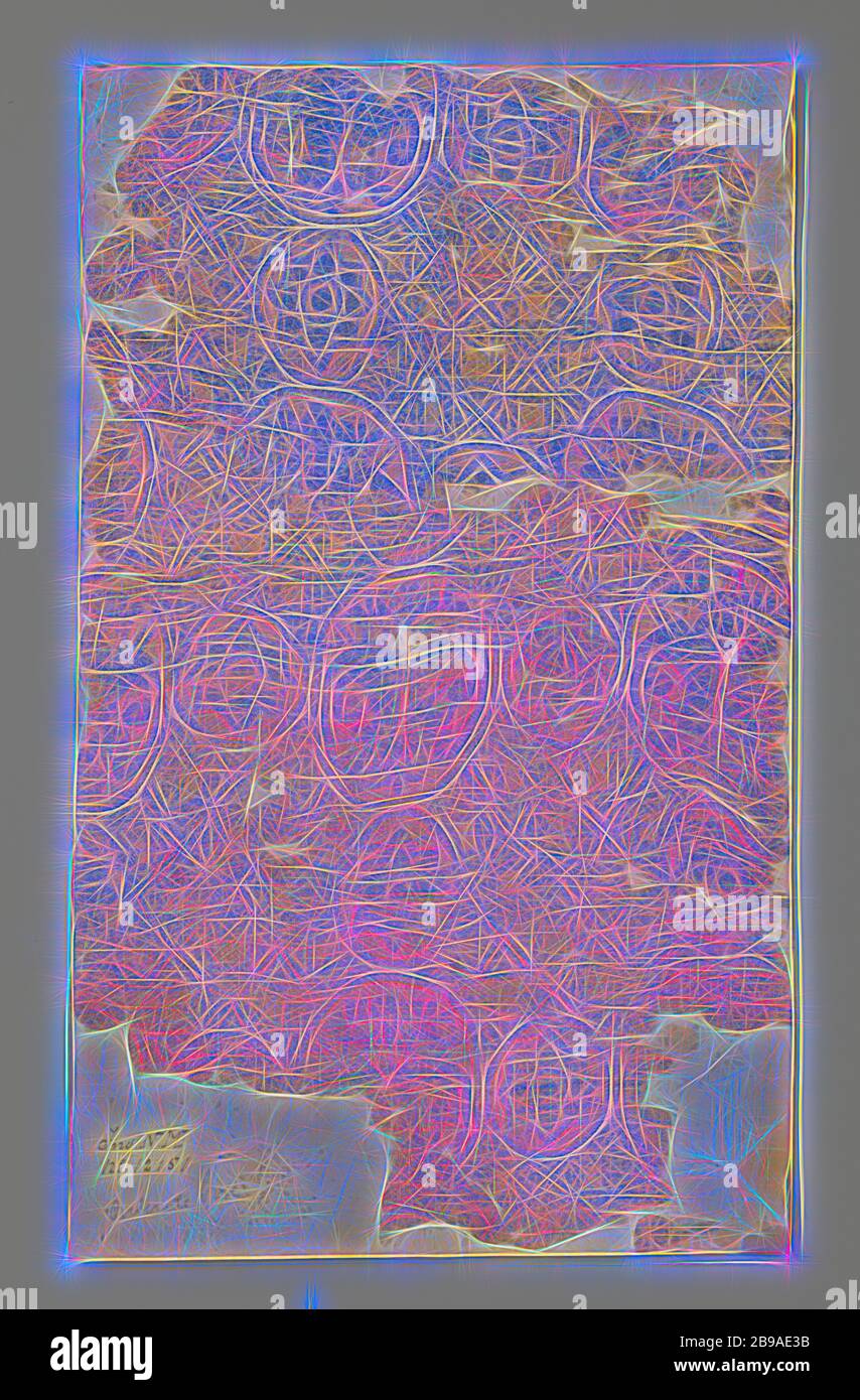 Fragment gelb samiet mit blau-weißen Muster der Kreis Medaillons und Papageien, Wunderlich geformte Fragment gelb samiet mit blau-weißen Muster. Horizontale und vertikale Streifen in kreisrunden Medaillons angeordnet zusammen ein Raster mit Quadraten bilden. Die größeren Kreis Medaillons zeigen zwei gespiegelte Papageien mit drehte Köpfe auf einer stilisierten Baum des Lebens, der andere Kreis Medaillons eine Lotusblüte. Die Felder innerhalb der Quadrate sind mit Tastung mit Stars und Kreuze gefüllt. Die samiet besteht aus zwei Teilen, das Muster nicht übereinstimmen. Das Fragment ist auf pappe geklebt., anonym, Spanien ( Stockfoto