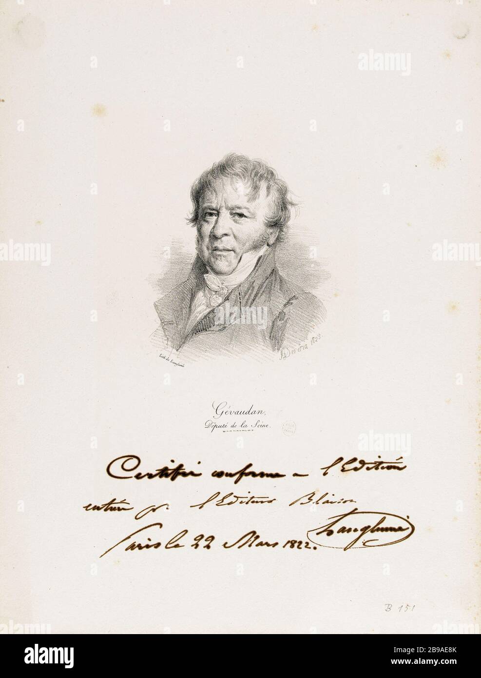Porträt von Antoine Gevaudan (1746-1826), Abgeordneter der seine. Achille Devéria (1800-1857) et Pierre Langlumé. Portrait d'Antoine Gévaudan (1746-1826), député de la seine. Lithographie, 1823. Paris, musée Carnavalet. Stockfoto