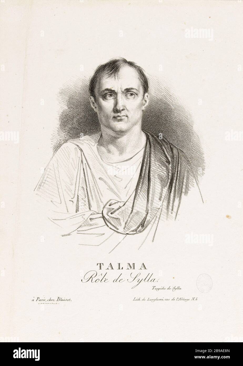 Porträt des Schauspielers Talma (1763-1826), in der Rolle der Sulla. Achille Devéria (1800-1857) et Pierre Langlumé/Eugène Blaisot ou Blaizot, Eugène. Portrait de l'acteur Talma (1763-1826), dans le rôle de Sylla. Lithographie, 1822. Paris, musée Carnavalet. Stockfoto