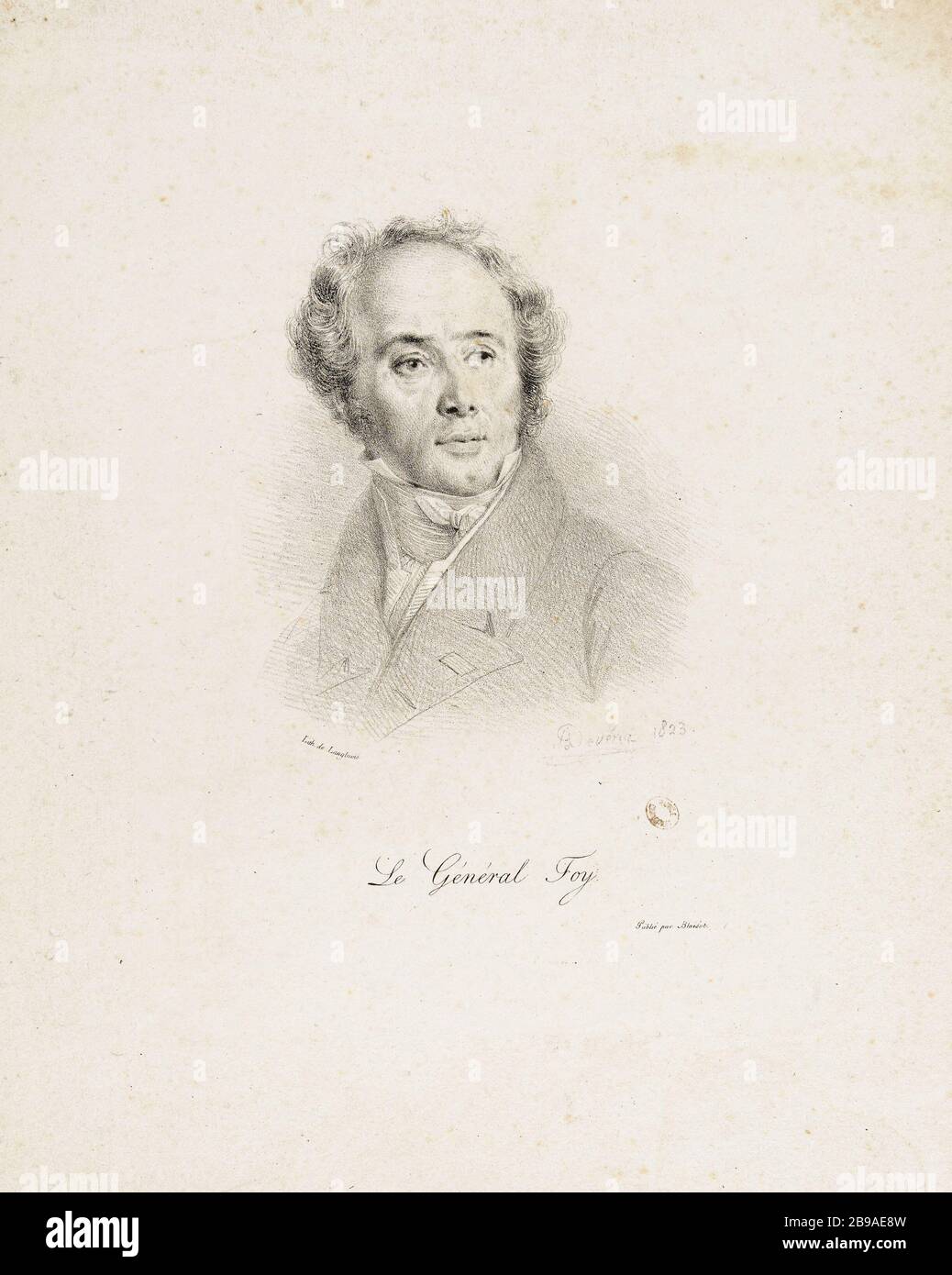 Porträt von Maximilian Sebastian Foy (1775-1825), General. Achille Devéria (1800-1857) et Pierre Langlumé. Portrait de Maximilian-Sébastien Foy (1775-1825), général. Lithographie, 1823. Paris, musée Carnavalet. Stockfoto