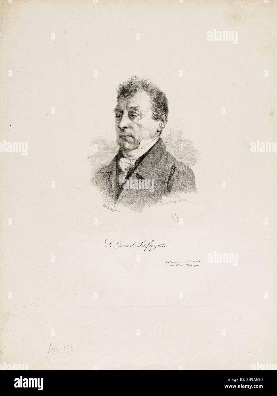 Porträt von Gilbert du Motier (1757-1834), Marquis de Lafayette, Offizier und Politiker. Achille Devéria (1800-1857) et Pierre Langlumé. Portrait de Gilbert du Motier (1757-1834), marquis de La Fayette, officier et homme politique. Lithographie, 1823. Paris, musée Carnavalet. Stockfoto