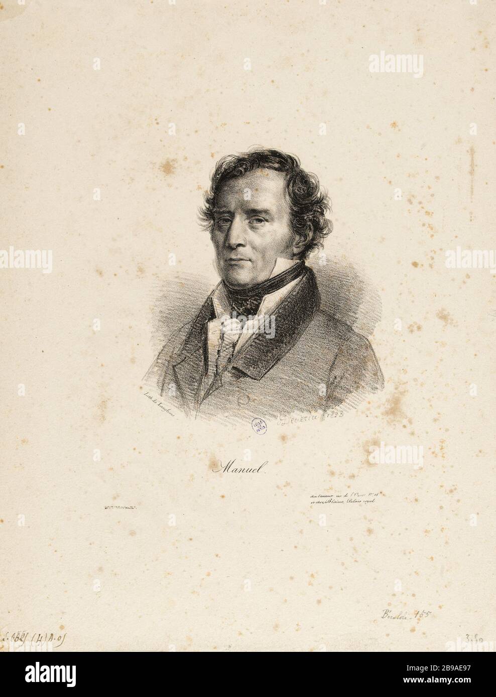 Porträt von Jacques-Antoine Manuel (1775-187), Politiker. Achille Devéria (1800-1857) et Pierre Langlumé. Portrait de Jacques Antoine Manuel (1775-187), homme politique. Lithographie, 1823. Paris, musée Carnavalet. Stockfoto