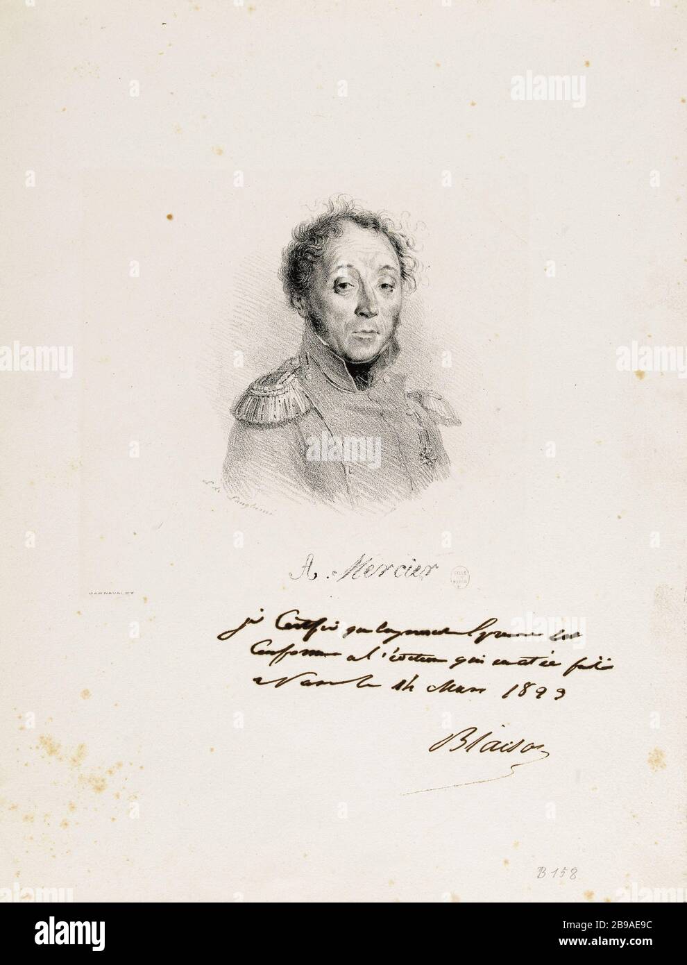 Porträt von A. Mercier, Sergeant und erster Dekan des "Company Third Battalion" der Vierten Legion der Nationalgarde. Achille Devéria (1800-1857) et Pierre Langlumé. Portrait de A. Mercier, sergent et doyen de la première Compagnie du troisième Bataillon de la quatrième Légion de la Garde nationale. Lithographie, 1823. Paris, musée Carnavalet. Stockfoto