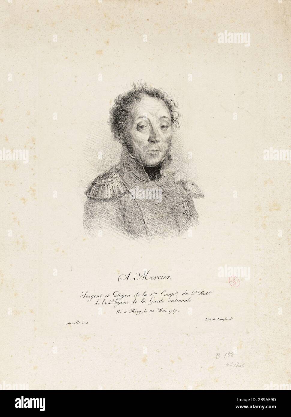 Porträt von A. Mercier, Sergeant und erster Dekan des "Company Third Battalion" der Vierten Legion der Nationalgarde. Achille Devéria (1800-1857) et Pierre Langlumé. Portrait de A. Mercier, sergent et doyen de la première Compagnie du troisième Bataillon de la quatrième Légion de la Garde nationale. Lithographie, 1823. Paris, musée Carnavalet. Stockfoto