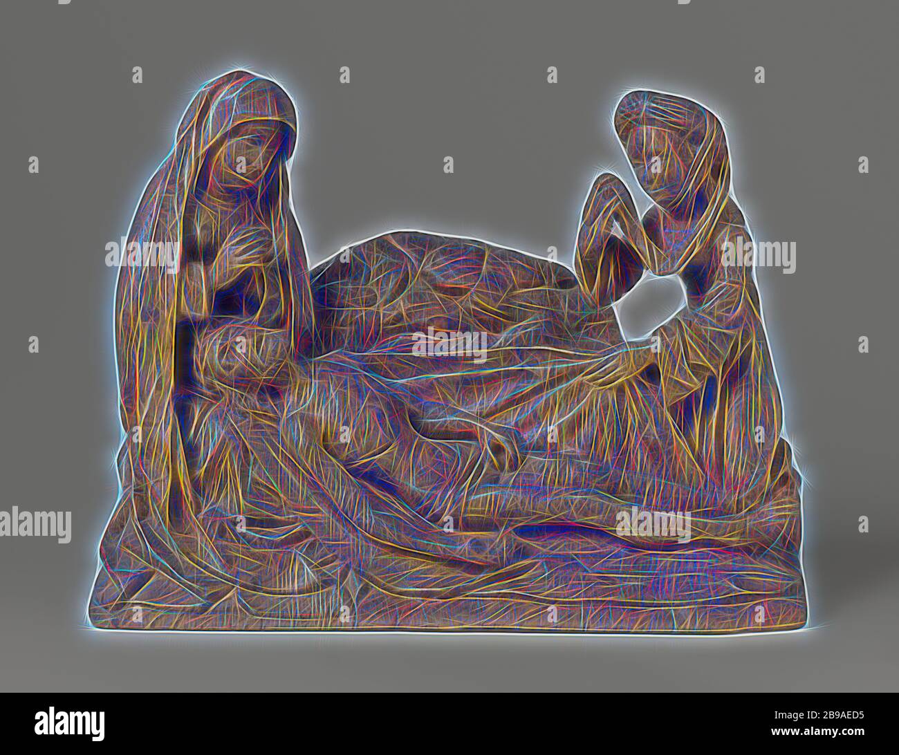 Der Jammer ist Christus heraus auf ein Futter zwischen Maria und Maria Magdalena gestreckt. Im Hintergrund ein kleiner Berg Golgatha, auf dem eine Ernte. Maria sitzt mit der Dornenkrone in ihrem Schoß gekrönt. Sie hält ihre Hände gefaltet und hat den Kopf leicht seitlich. Christus die Augen geschlossen sind, der Mund ist halb geöffnet und der durchbohrten Händen liegen limp entlang des Körpers. Magdalena kniet sich zu seinen Füßen, die Leinwand mit der linken Hand, während ihr die Tränen abwischen mit rechts mit einem Schlupf des langen, schmalen Tuch hängen von ihrem Turban. Maria ist in einer Robe mit einer runden Halsausschnitt gekleidet, die c Stockfoto