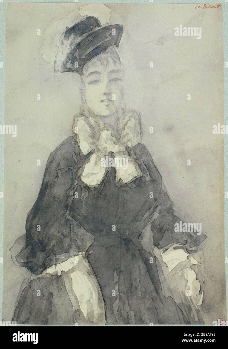 Studie einer Frau an der Taille, im Stadtkleid, eine große Schleife um den Hals und mit einem Hut, bis 1870-1875 Conantin-Ernest Adolphe Hyacinthe Guys (1802-1892), dessinateur et peintre français. Etüde de femme à mi-corps, en robe de ville, un gros noeud papillon autour du cou et portant un chapeau, vers 1870-1875. Lavis d'encre de Chine. Paris, musée Carnavalet. Stockfoto