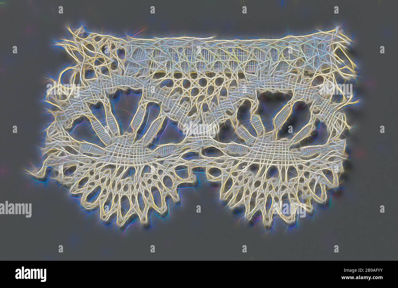 Strip Klöppelspitze mit der aufgehenden Sonne, natürliche Klöppelspitze Streifen, Cluny Lace. Das sich wiederholende Muster besteht aus einem Kreis mit einem steigenden oder untergehende Sonne. Die Sonne ist in Leinen und die Strahlen sind in der Form gemacht. Der Kreis wird mit einer Band in Leinen. Die Unterseite der Kreis, die auch eine halbrunde Schale, ist mit einem Zick-zack-Geflecht mit einem Picot an jeder Ecke. Die aufeinander folgenden Kreisen miteinander an der Spitze verbunden sind durch ein Gitter, ein Stroh Stroh Masse. Zum oberen Rand des Streifens ist gerade beendet., anonym, Buckingham, C. 1800 - C. 1899, Baumwolle (Textil), Cluny Lace, Stockfoto