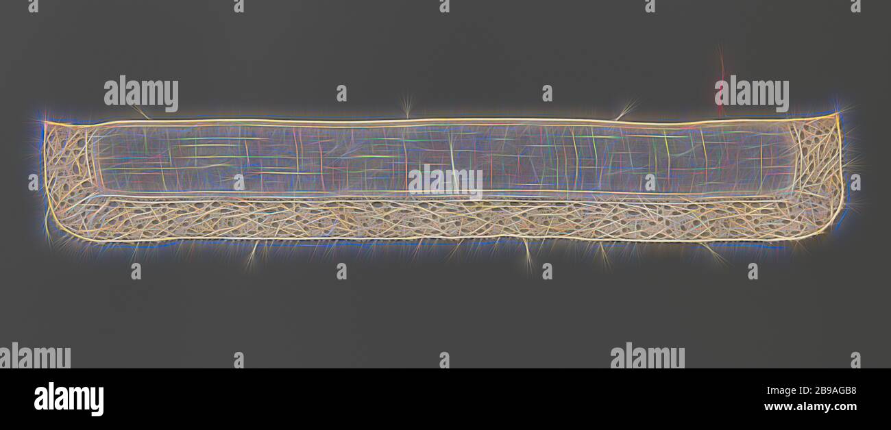 Streifen von klöppelspitze mit Durcheinander von Tasten um ein rechteckiges Stück Bettwäsche, Streifen von klöppelspitze, alten flämischen Spitze, um ein rechteckiges Stück Leinen genäht. Das Muster besteht aus einem Wust von ovalen Buttons mit meistens c-förmige Anhängsel. Es gibt kaum eine Masse, die Motive oder Zusammenführen von sehr kurzen Zöpfe verbunden. Die Motive sind in Leinen mit durchbrochenem Rand hergestellt. Die gerade Oberkante der Strip ist entlang einer langen und zwei kurzen Seiten des langgestreckten rechteckigen Stück Leinen genäht. Die Bettwäsche wird von allen Seiten mit einem Saum abgeschlossen. Die Unterseite der Kantenleiste beendet ist Str Stockfoto