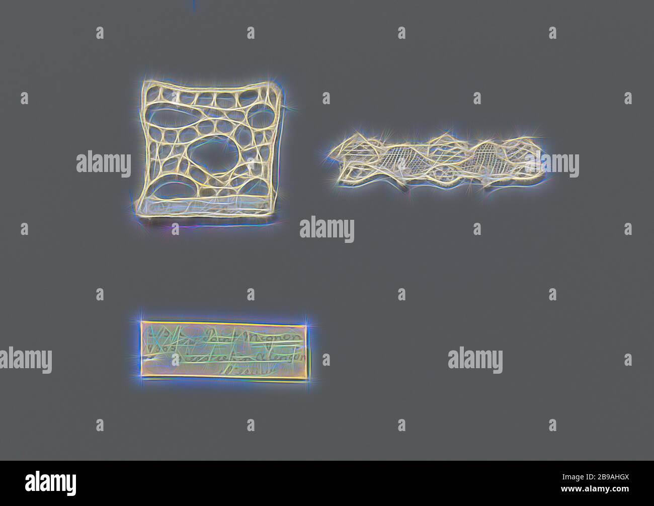 Stahl Nadel Spitze mit einem dekorativen Boden in feine Diamanten Stitch", "Stahl in natürlichen Farben Nadel Spitze mit einem dekorativen Boden, die unter anderem in Alençon Spitze verwendet wird. Studie Material. Die Nadel spitze Stich in die dekorative Böden auch "point de Mignon" genannt wird, eine feine Diamant Masche. Die Kanten der Stahl sind mit Festival Stiche beendet. Die Probe, die als Studie um 1925 gemacht wurde, ist durch ein Fragment von Alençon Spitzen aus dem 18. Jahrhundert, in dem die Diamanten Stich im dekorativen Boden verwendet wurde begleitet., anonym, Niederlande (möglicherweise), C. 1925 - C. 1929 und Stockfoto