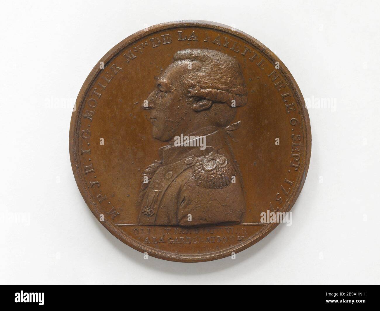 Gilbert-Motier, Marquis de Lafayette (1757-1834), Feldmarschall (1782), Mitglied der verfassungsgebenden Versammlung (1789-1791), Kommandeur der Nationalgarde (1789-1791) Benjamin Duvivier (1730-1819). Gilbert-Motier, marquis de La Fayette (1757-1834), maréchal de Camp (1782), député à l'Assemblée constituante (1789-1791), commandant de la Garde nationale (1789-179). Bronze. Paris, musée Carnavalet. Stockfoto