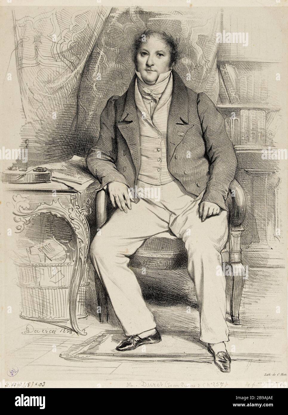 Porträt von Jean-Pierre Duret (1771-1836), der im Finanzministerium bei der Wiederherstellung angestellt war. Achille Devéria (1800-1857) et Charles-Etienne-Pierre Motte (85-186er). Portrait de Pierre-Jean Duret (1771-1836), employé au ministère des finances sous la Restauration. Lithographie sur Chine Collé, 1828. Paris, musée Carnavalet. Stockfoto