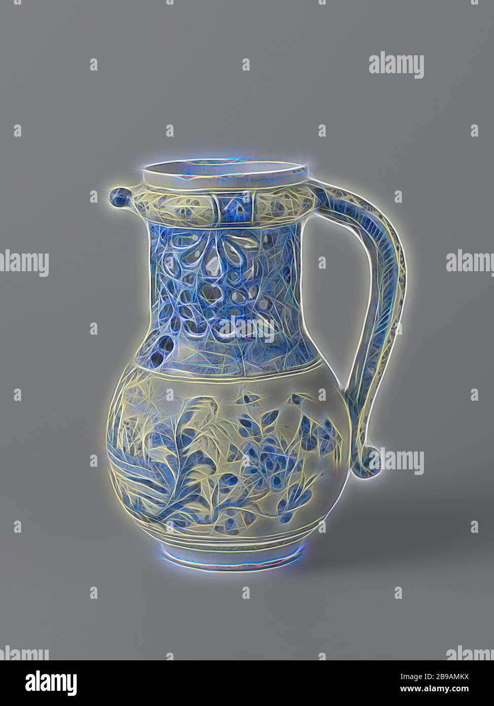 Puzzle Krug, Fopkan, bemalt mit Wasser Landschaft, Fopkan der Fayence, in blau mit einer Wasserlandschaft gemalt, Blätter und Zweige, Blumen, Ornament, anonym, Delft, 1768, H 25 cm × d 16 cm, neu gestaltet von Gibon, Design von warmen fröhlich glühen der Helligkeit und Lichtstrahlen Ausstrahlung. Klassische Kunst neu erfunden mit einem modernen Twist. Fotografie inspiriert von Futurismus, umarmt dynamische Energie der modernen Technologie, Bewegung, Geschwindigkeit und Kultur revolutionieren. Stockfoto