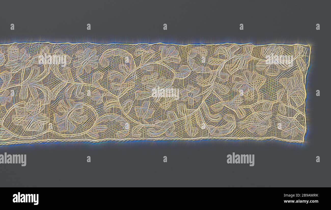 Streifen von gemischten Spitze für ein super plie mit Spiralgehäuse Getränke, Streifen von natürlichen Farben gemischt Spitze: mezzo Punto. Der Streifen ist für eine superplie vorgesehen und hat ein symmetrisches Muster von Spiralgehäuse Getränke, mit Rosette Blumen, Blumen und Akanthus-blätter auf einem sechseckigen Gitter (Nadel Spitze). Die Konturen der Muster sind durch eine gebänderte Band mit Löcher gebildet. Verschiedene Nadelspitzen dekorativen Gründen innerhalb der Kontur. Streifen mit drei Nähte. Die Oberseite ist mit einer geraden Kante. Der Boden und die Seiten sind mit einer geraden Kante Klöppelspitze mit bemalten Bögen getrimmt., anonym, Venedig, C. 1640 Stockfoto