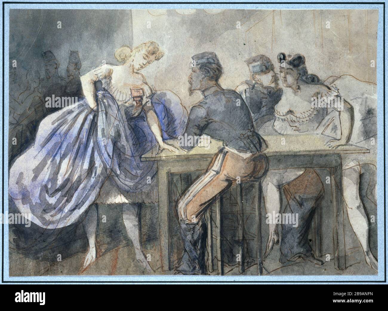 SZENENHAUSÖFFENTLICHKEIT: ZWEI FRAUEN, ZWEI SOLDATEN UM EINEN TISCH CONANTIN-KERLE (1802-1892). "cène de maison public: Deux femmes, deux soldats autour d'une table". Encre de Chine, aquarelle. Paris, musée Carnavalet. Stockfoto