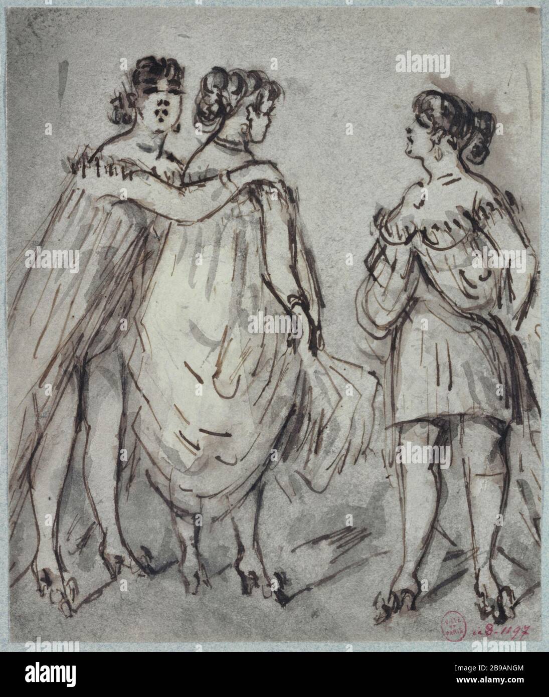 Studie der Frauen im Hemd Conantin-Ernest Adolphe Hyacinthe Guys (1802-1892), dessinateur et peintre français. Etüde de femmes, en chemise. Plume, encre bistre, lavis gris. Paris, musée Carnavalet. Stockfoto Studie der Frauen im Hemd Conantin-Ernest Adolphe Hyacinthe Guys (1802-1892), dessinateur et peintre français. Etüde de femmes, en chemise. Plume, encre bistre, lavis gris. Paris, musée Carnavalet. Stockfoto