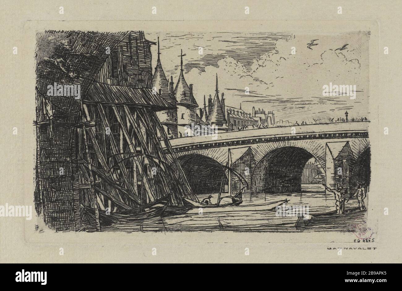 BOGENBRÜCKE UNSERE FRAU Charles Meryon (1821-1868). "L'arche du pont Notre-Dame". Eau-forte. Paris, musée Carnavalet. Stockfoto