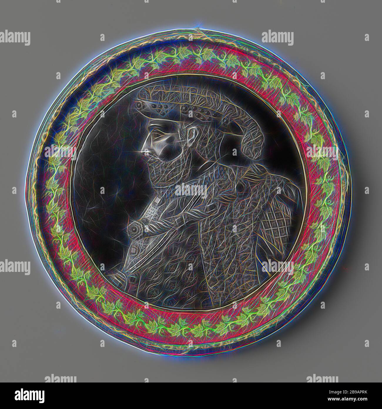 Hendrik VIII, Basrelief in gepressten Rippen (Gaskraut), mit dazugehöriger Lederbox mit separatem Deckel, grün, auf dem Blattgold-Motiv. Büste links. Henry VIII ist bärtig und trägt einen flachen Hut, verziert mit Rosetten und Edelsteinen am Rand und oben mit Straußenfedern. Über der Scheide mit offenem Pelzkragen und über dem Yak, der unter einer schweren Kette mit Edelsteinen und einer Kette mit H-Gliedern getragen wird, an der ein Medaillon hängt. Um den Hals ein Rohrkragen, England, Heinrich VIII (König von England und Irland), Johannes Osborn, c. 1755, d 10 cm × d 14 cm, neu gestaltet von Gibon, des Stockfoto