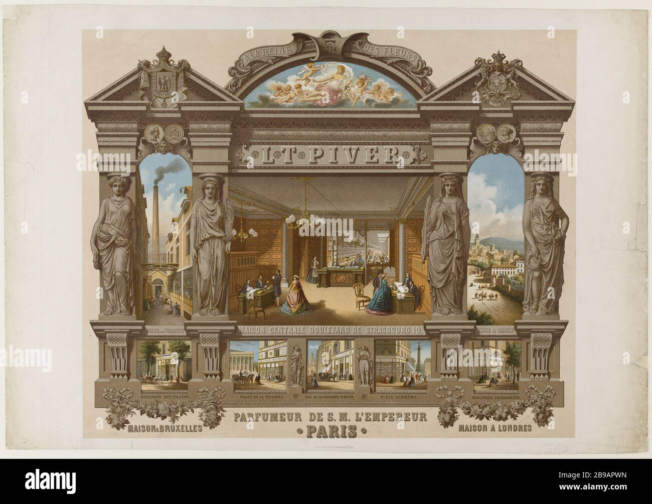 DIE KÖNIGIN DER BLUMEN, L.T.PIVER PARFÜMER S.M. VON KAISER A. CALAME. "A la reine des fleurs, L.T.Piver parfumeur de S.M. l'Empereur". Lithographie. 1852-1870. Paris, musée Carnavalet. Stockfoto