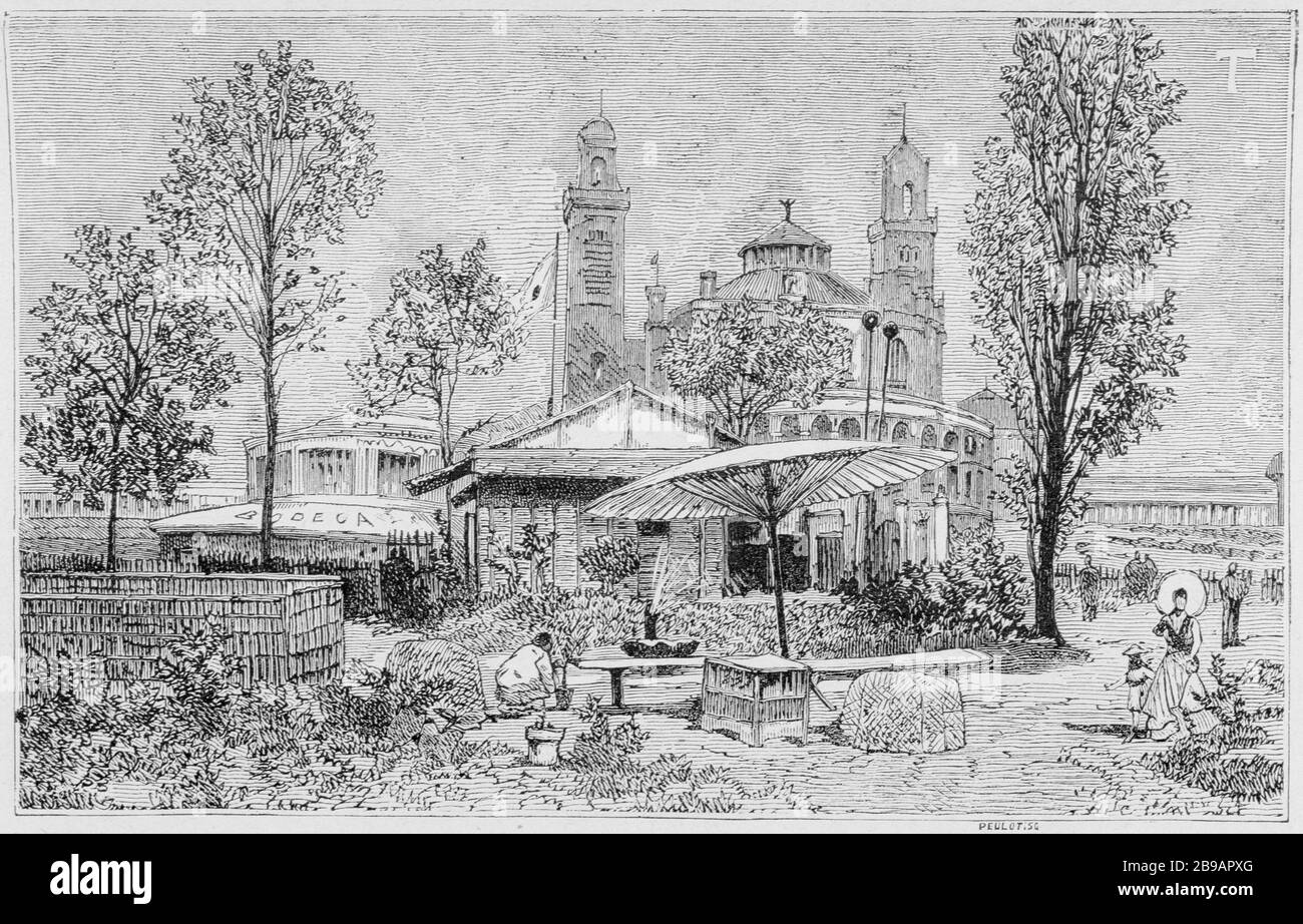 DAS WAHRE PANORAMA VON TROCADERO MIT SEINEN ANHÄNGEN Peulot und Scott. "Le vrai panorama du Trocadéro avec ses annexes (le Monde illustré, supplément du numéro 1117) : la ferme japonaise (détail T)". Paris, musée Carnavalet. Stockfoto