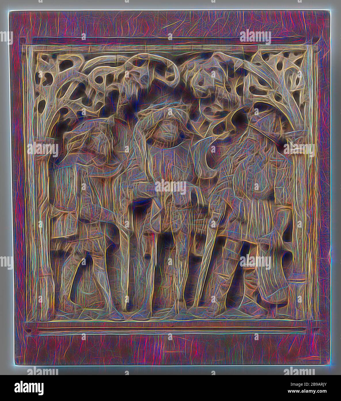 Drei Helden, Relief in einer Nische, von Koloneten umrandet und im Bogen mit Lofwork verziert, die neun Würfe, 'les neuf preux', Zuid-Nederland, 1500 - 1525, Buchsbaum, H 29 cm × B 30.5 cm × T 5 cm, neu gestaltet von Gibon, Design von warmen fröhlich glühen von Helligkeit und Lichtstrahlen Strahlkraft. Klassische Kunst neu erfunden mit einem modernen Twist. Fotografie inspiriert von Futurismus, umarmt dynamische Energie der modernen Technologie, Bewegung, Geschwindigkeit und Kultur revolutionieren. Stockfoto