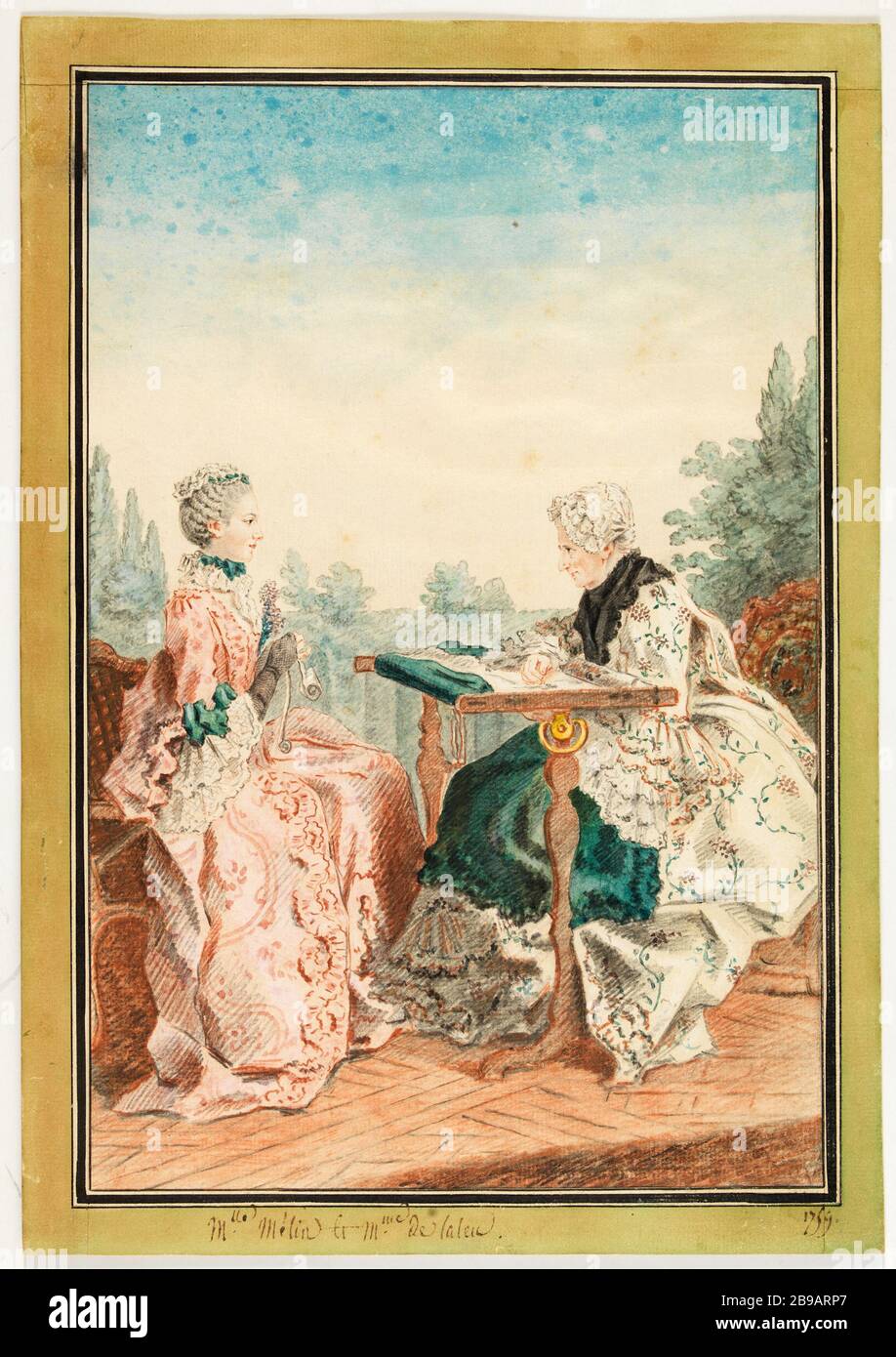 Frau Laleu, ihr Webstuhl mit Wandteppich und Frau Melin, die in einem Garten arbeitet, 1759 Carmontelle. "Mme Laleu à son métier à tapisserie et Mlle Mélin travaillant dans un jardin, 1759". En1759-1759. Paris, musée Carnavalet. Stockfoto