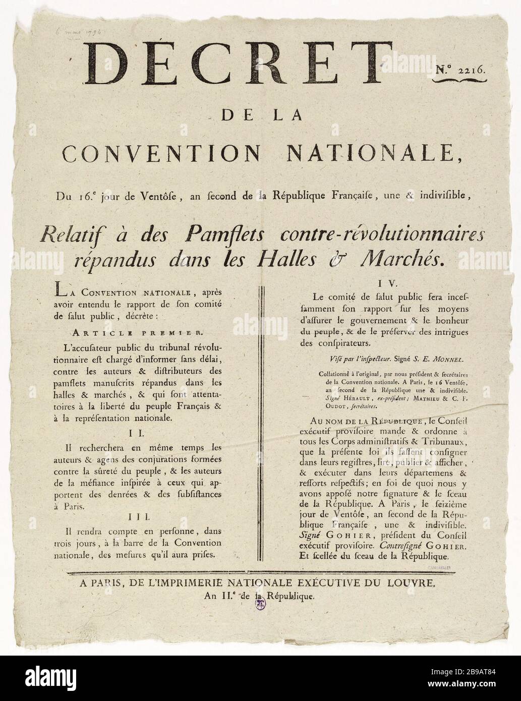 Nr. 2216. DEKRET DES NATIONALEN ABKOMMENS VOM 16. Tag von Ventose, 2. Jahr der französischen Republik, und unteilbar, relativ zu Pamflets [sic] gegen Revolutionäre, die in Hallen und Märkten vorherrschen. Révolution française de 1789. Simon-Edme Monnel, Marie-Jean Hérault de Séchelles, Mathieu, C.P. OUDOT, Louis-Jérôme Gohier. "Affiche du décret" Nr. 2216 de la Convention Nationale relatif à des Pamphlets contre-Révolutionnaires Répandus dans les halles et marchés. Typographie, 1794. Imprimeur Imprimerie Nationale. Paris, musée Carnavalet. Stockfoto