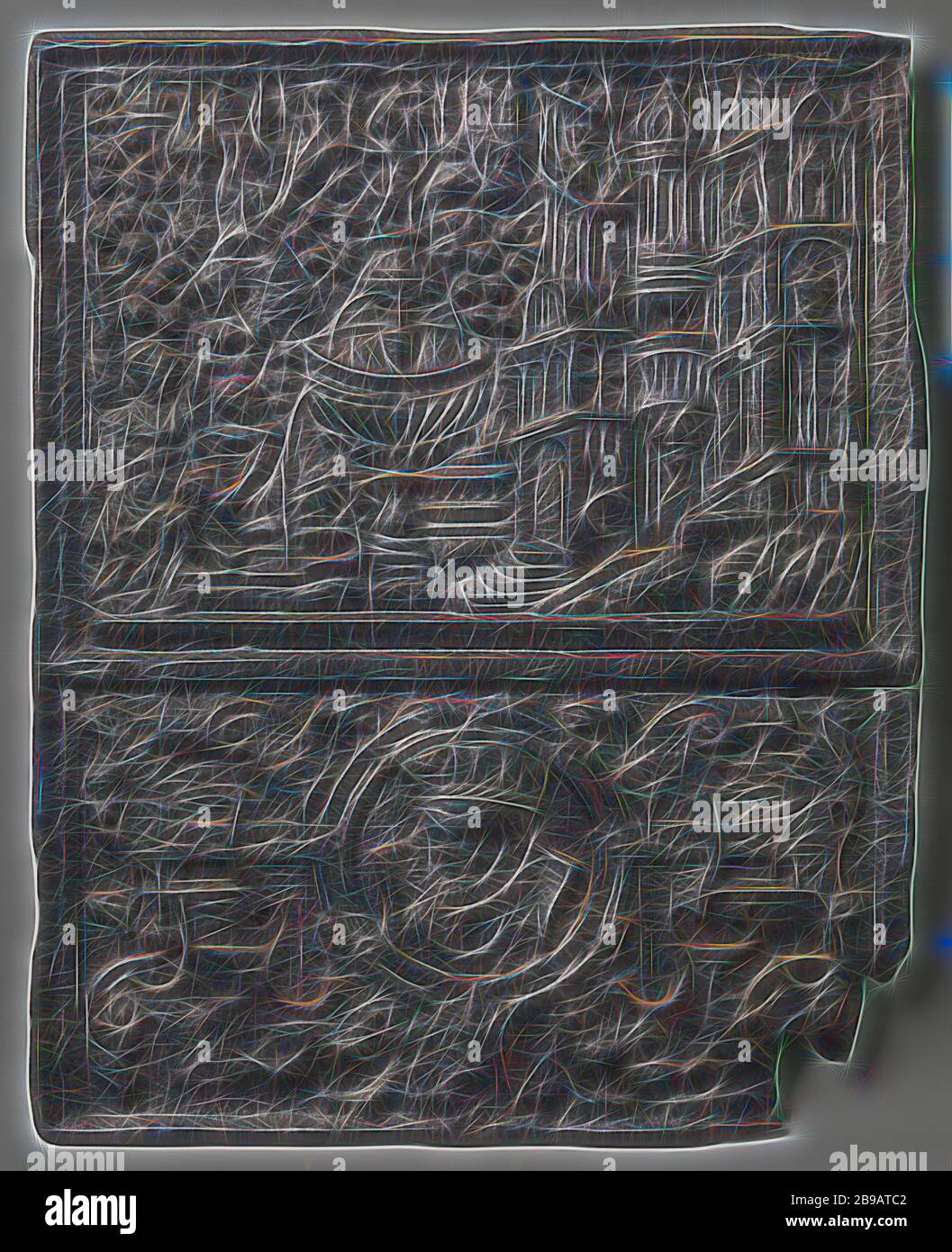 Kochplatte mit Bathseba und König David, Kochplatte aus Gusseisen. Die Show ist in zwei Zonen unterteilt. Der obere zeigt einen Brunnen mit Bathseba und einer Dienerin auf der linken Seite in einem Garten. Rechts ist die Show mit einem Palast geschlossen, wo König David aus dem Fenster schaut. Die untere Zone zeigt ein Medaillon mit einer Männerbüste und einem Profil inmitten der Schriftrolle. Zwischen den beiden Zonen eine Grenze mit Inschrift, David, vom Dach (oder Balkon) oder seinem Palast, Bathseba sieht Baden, anonym, Deutschland, c. 1550 - c. 1600, Eisen (Metall), Gründung, H 70.0 cm × B, × B, neu gestaltet b Stockfoto