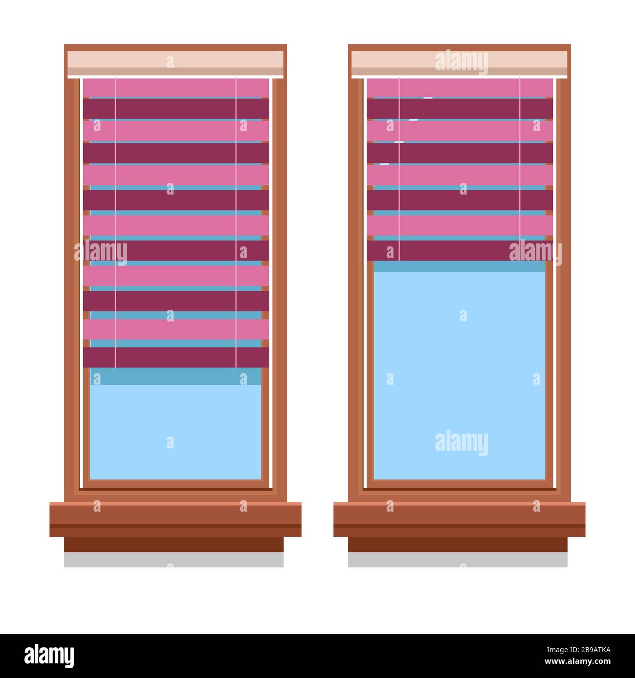 Vorhänge an Holzfenstern isolierten Ikonen, Jalousien oder Fensterläden Stock Vektor