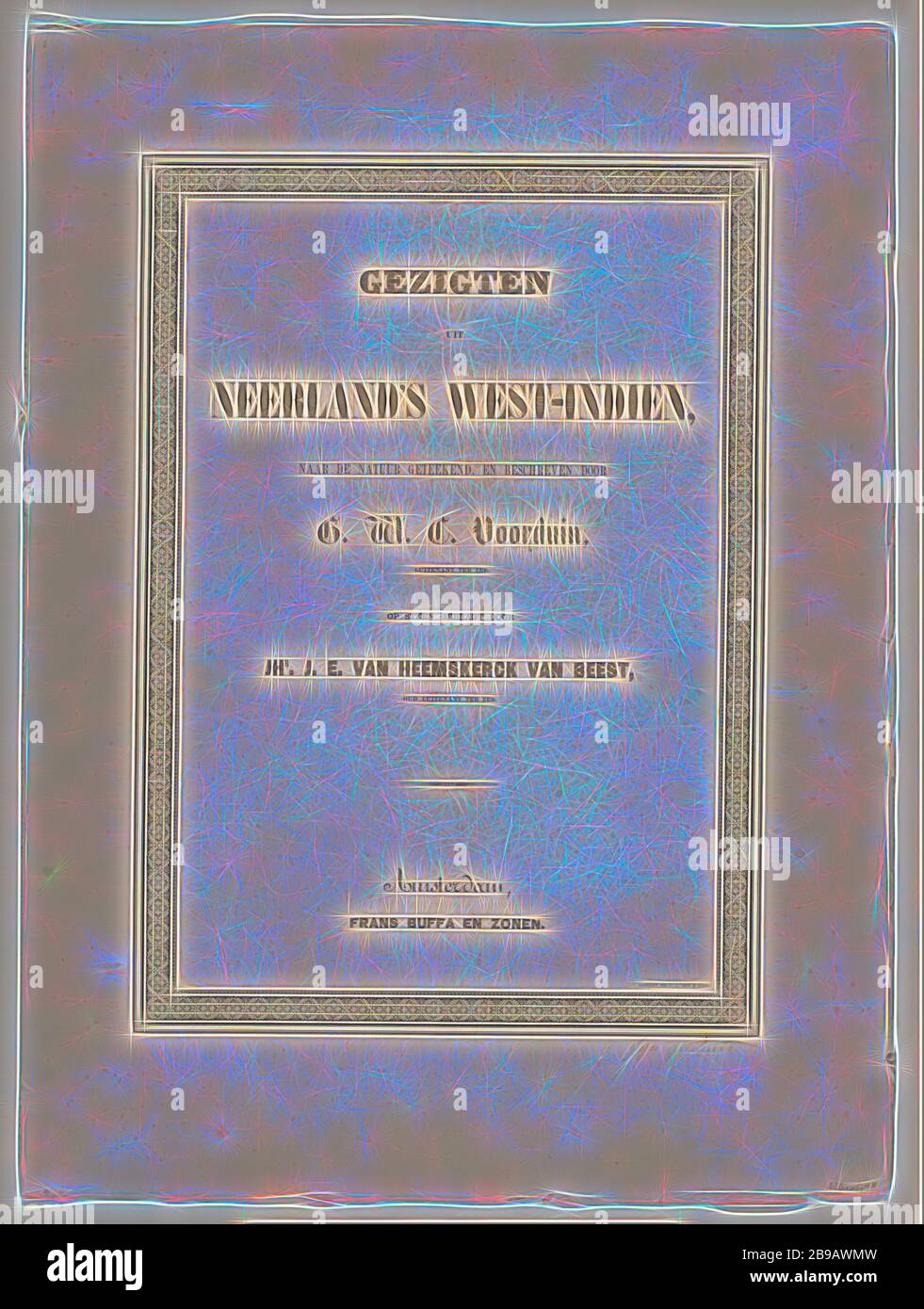 Gesichter aus Neerland's West-Indien (Titel auf Objekt), lose-Blatt-Blech bestehend aus vier separaten Mappen mit identischen Einbände. Ordner 1: Titelseite und sechs Textblätter mit Einführung und Beschreibung der Platten I-XVIII. Karte 2: Karte und Tafeln I-VIII über Suriname. Karte 3: Karte und Tafeln IX-XVIII über die Antillen. Ordner 4: Leer, nur das Cover. Das ganze in einem leeren Pappfolder mit Leinenrücken und grünen Bändern, Suriname, Niederländische Antillen, Gerard Voorduin (auf Objekt erwähnt), 1860 - 1862, Papier, H 68 cm × B 49.3 cm, neu gestaltet von Gibon, Design von warmen fröhlichen glühenden Stockfoto