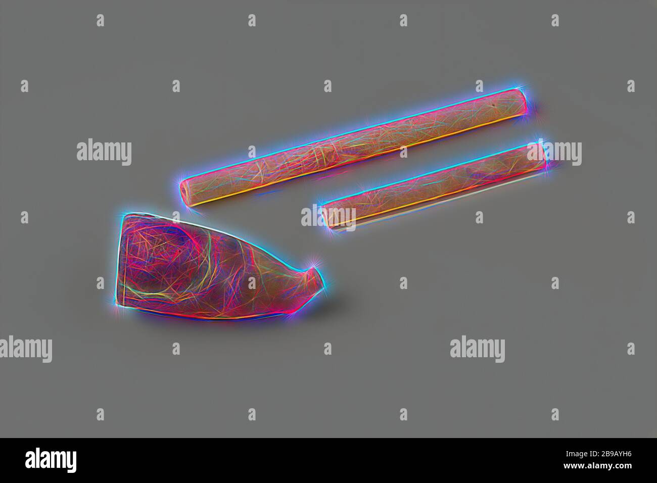 Rohrkopf und Fragmente von Rohrstielen aus dem Wrack des Ostindiendealers Hollandia, Pfeife, Schale, Heelmark: Gekrönt 82, kein hsm, Annett, Dutch East India Company, Hollandia (Schiff), anonym, Niederlande, 1700 - in oder vor 13-Aug-1743, Pfeifenton, L 8.1 cm Ã – d 0.6 cm Ã – l 4.4 cm Ã – d 2 cm, neu gestaltet von Gibon, Design von warmen fröhlich glühen von Helligkeit und Lichtstrahlen Ausstrahlung. Klassische Kunst neu erfunden mit einem modernen Twist. Fotografie inspiriert von Futurismus, umarmt dynamische Energie der modernen Technologie, Bewegung, Geschwindigkeit und Kultur revolutionieren. Stockfoto