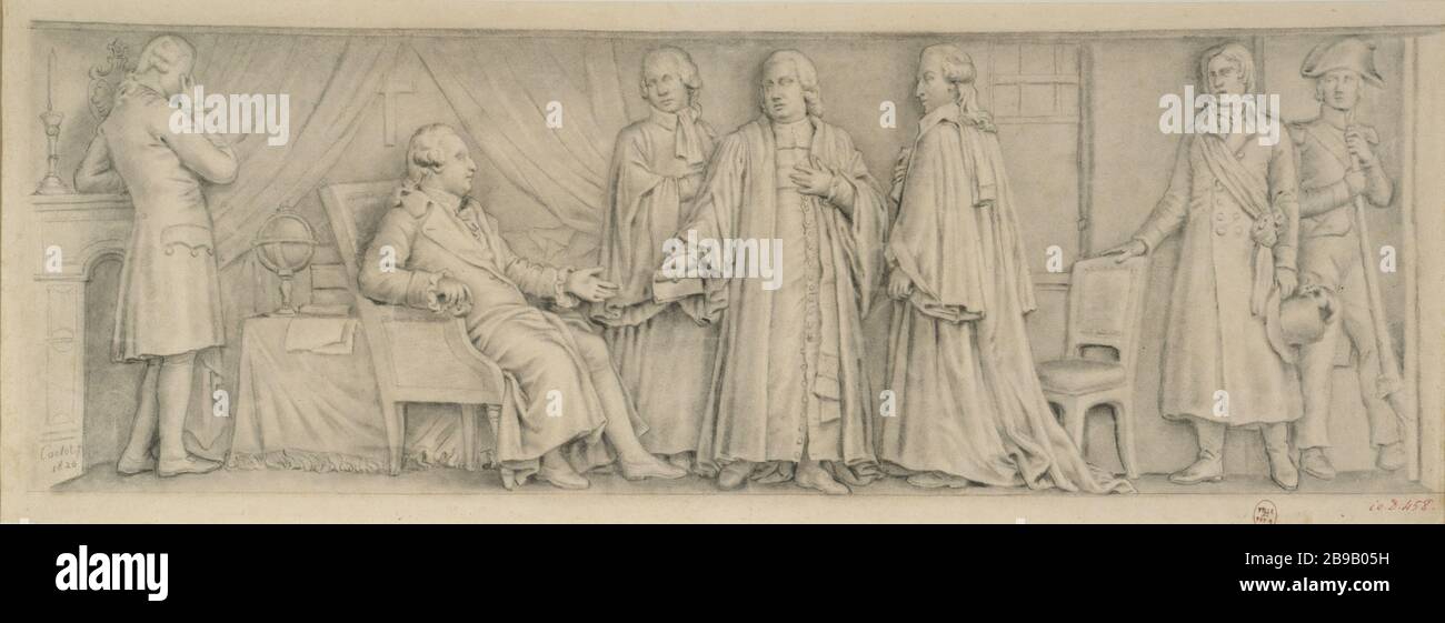 MALESHERBES MUSS DAS URTEIL DES KONVENTS JEAN-PIERRE CORTOT GEGEN LUDWIG XVI. ABGEBEN. "Alesherbes présentant à Louis XVI l'arrêt de la Convention, 1826". Paris, musée Carnavalet. Stockfoto