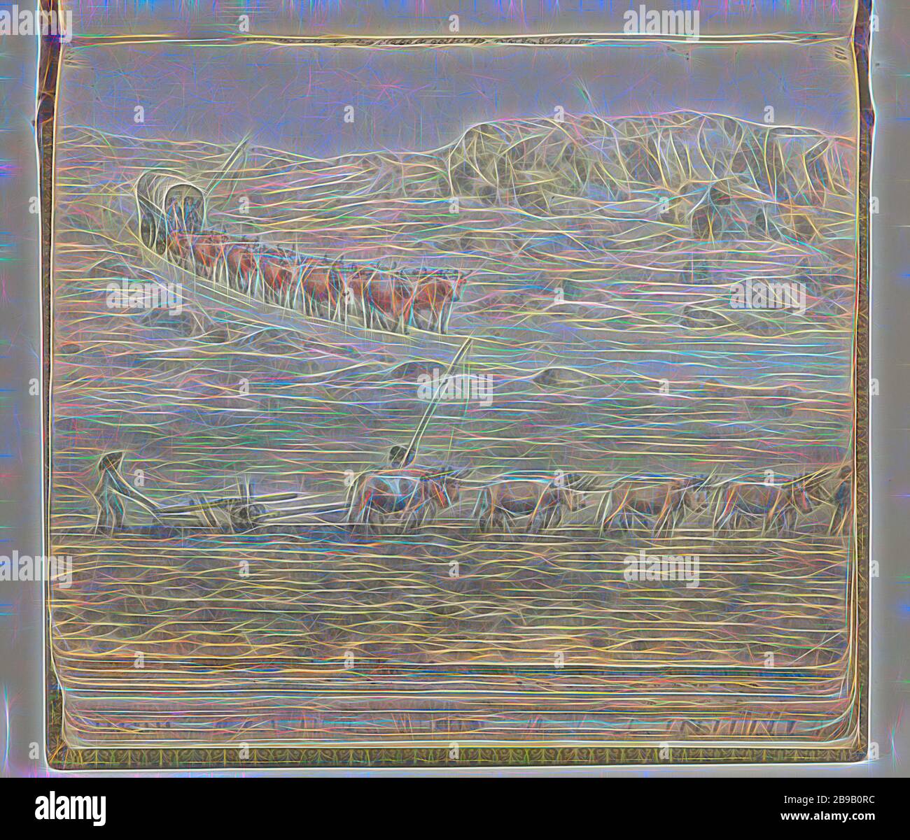 Ossespan für Planwagen und Pflug, Farbzeichnung eines Wagens mit 12 Ochsen und eines Pfluges hinter 8 Ochsen in der felsigen südafrikanischen Landschaft am Standort Lochner. Mit Beschriftung. Teil aus dem Skizzenbuch von Jan Brandes, dl. 2 (1808), S. 113., landwirtschaftliche Geräte: Pflug, Südafrika, Johan Georg Lochner, Jan Brandes, Skälsebo, 8-Feb-1806, Papier, Bleistift, Pinsel, H 155 mm × B 195 mm, neu gestaltet von Gibon, Design von warmen fröhlichen Leuchten von Helligkeit und Lichtstrahlen Ausstrahlung. Klassische Kunst neu erfunden mit einem modernen Twist. Fotografie inspiriert von Futurismus, umarmt dynamische Energie der modernen Technologie, Stockfoto