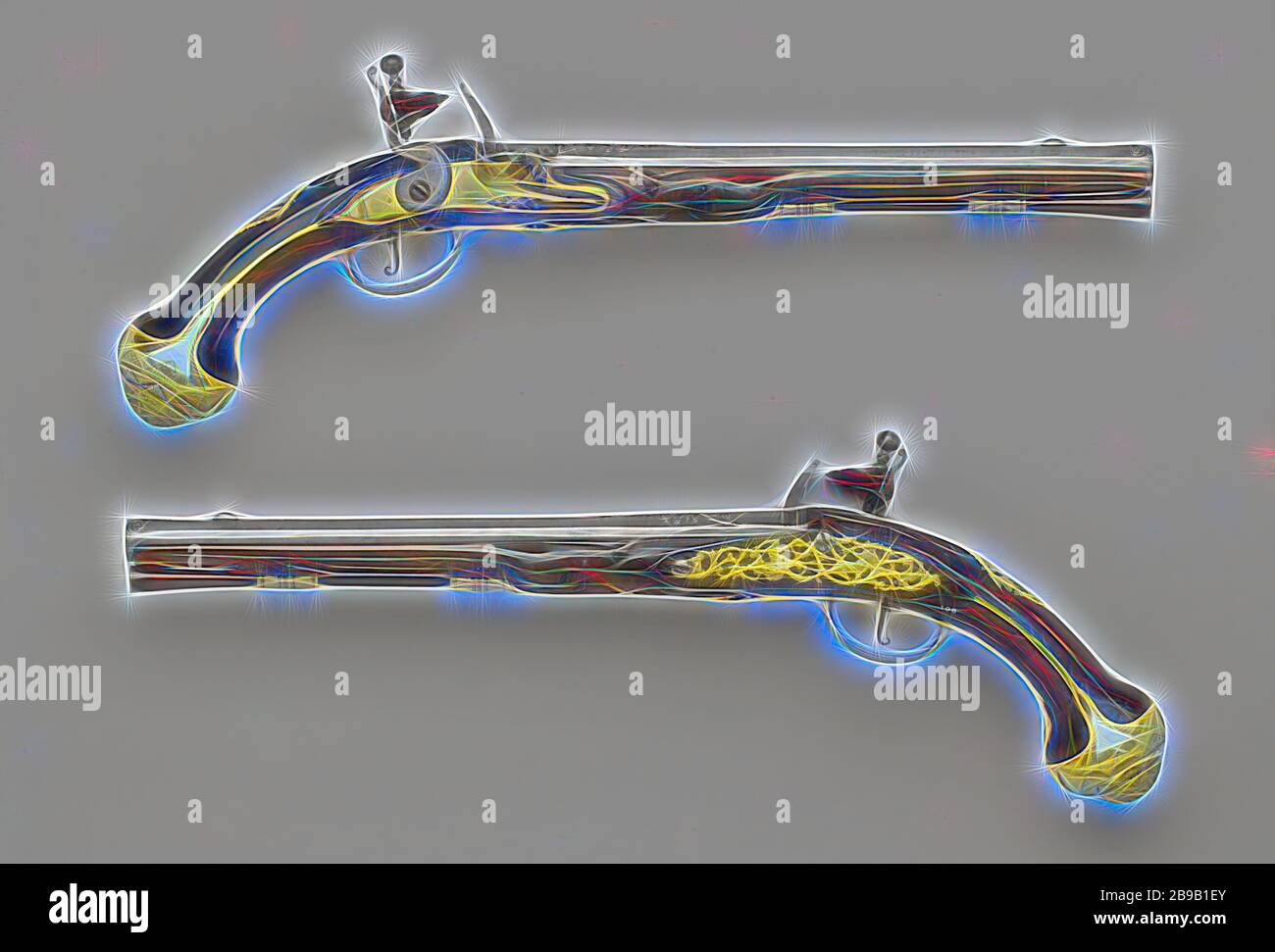 Feuerstein Gewehr, Teil eines Paares zu sein. Die Vergoldeten, Kupfer vergoldet Sicherungsblech mit einer Unterschrift eingraviert ist, der Hahn aus Eisen ist, ist die Feder aus Stahl gebläut. Der Zylinder hat einen runden Querschnitt und eine Reihe von achteckigen Ringe auf der Rückseite, eine Kante verläuft zwischen dem Hinterteil und das Bügeleisen visor Getreide, auf der Rückseite mit dem Wappen von Utrecht und an der Unterseite mit einer balligen Wappen gekennzeichnet. Der Kolben hat unter anderem mit Auszeichnung geschnitten worden. Die vergoldeten Messingbeschlägen bestehen aus, eine Schraube Platte mit ajour Blätter, von denen einer in einem Drachen enden gearbeitet, und eine weibliche Figur mit der kurzen Achse auf einem carria Stockfoto