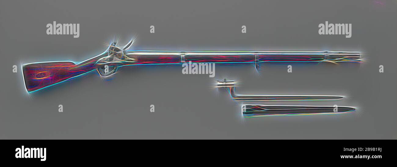 Feuersteinpistole, Staatsarmee M. erf.Nr. 1, Flint Gun oder Musket, der Staatsarmee M. -10, Nr. 1. Identisch mit dem französischen Modell ein 9 oder ModÃ¨le 177 corrigÃ©. Auf der Schlossplatte befindet sich eine Beschriftung mit dem Namen der Fabrik und auf der Innenseite ist AC eingestanzt. Das Fass zeigt das Jahr 1815 und IST und JS ist mit einer darüber liegenden Krone, der Nummer 3279 und PB, unten links und G67 gestempelt. Die Initialen L N sind rechts vom Griff eingestanzt. 3086 ist auf dem Ladestab eingestanzt. Mit begleitendem Bajonett, Keizerlijke Geweerfabriek Maubeuge, Maubeuge (möglicherweise), 1815, Holz (Pflanzenmaterial), Eisen (Metall), Kupfer Stockfoto