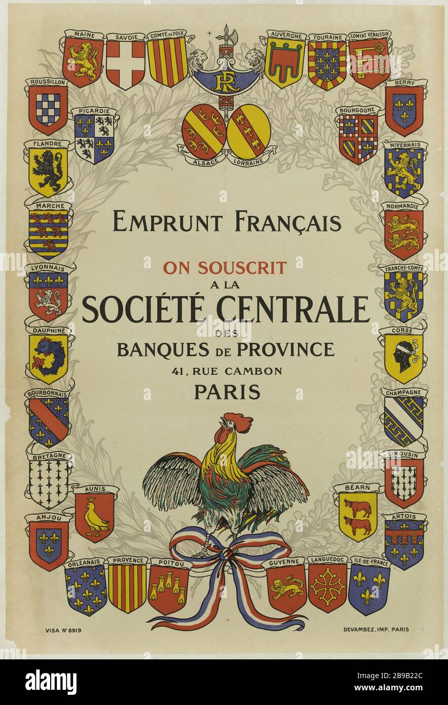 Französisches Darlehen, ist in der Provinz Central Banking Company Anonyme gezeichnet. "Emprunt Français, on souscrit à la Société Centrale des Banques de Province". Lithographie, 1916. Paris, musée Carnavalet. Stockfoto